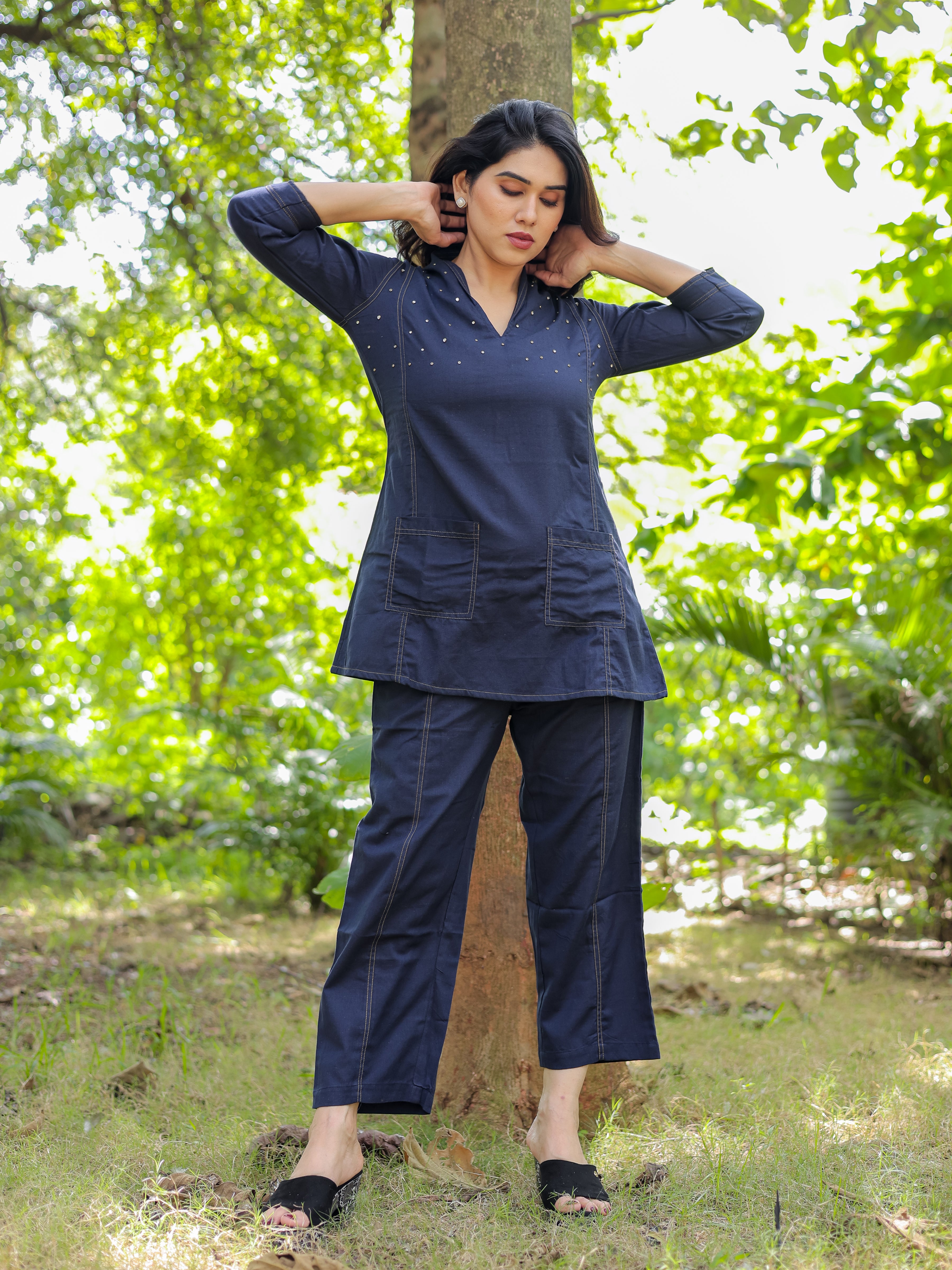 Navy Blue Solid Denim Pattern Cotton Co-ords Set
