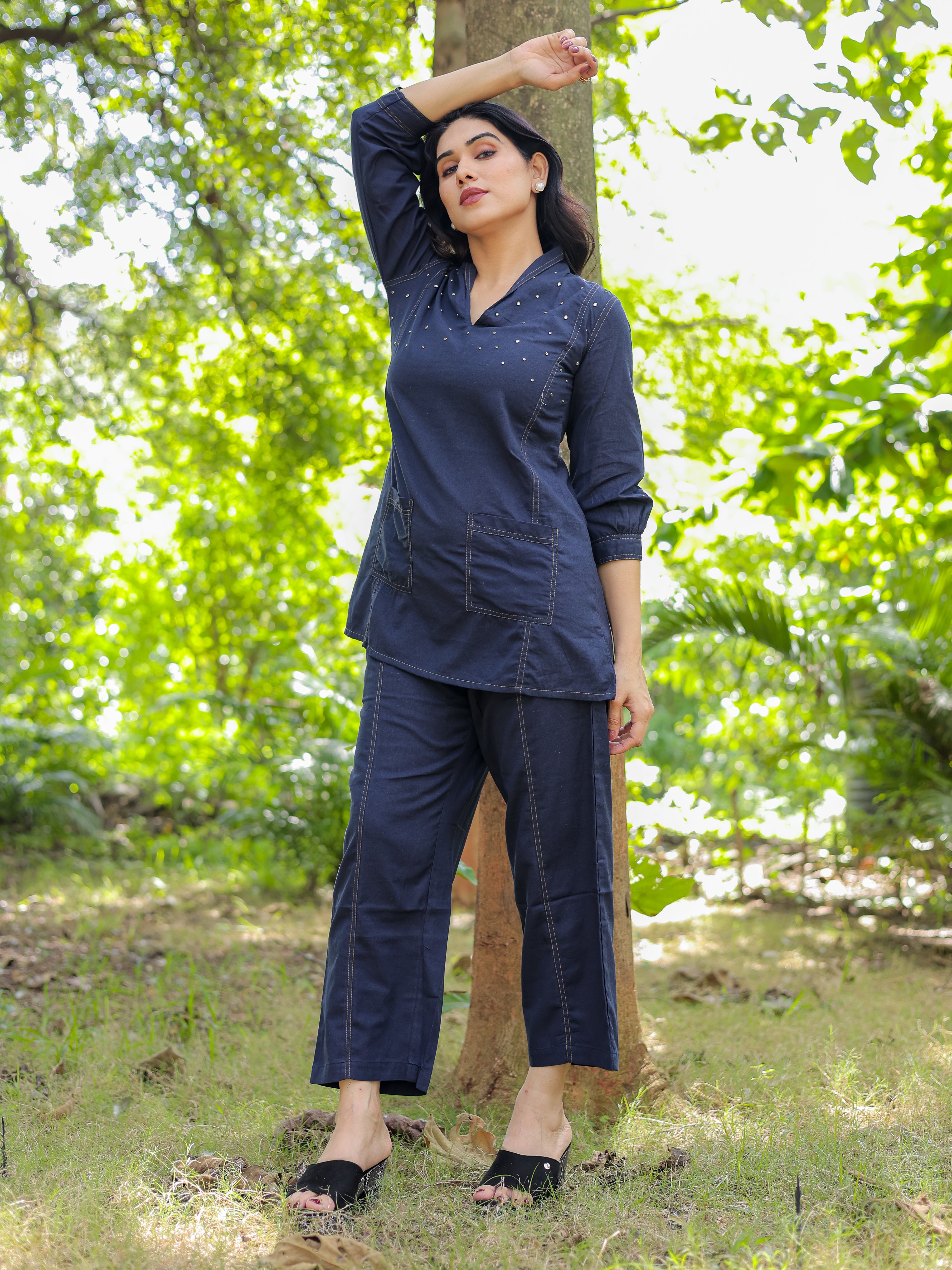 Navy Blue Solid Denim Pattern Cotton Co-ords Set