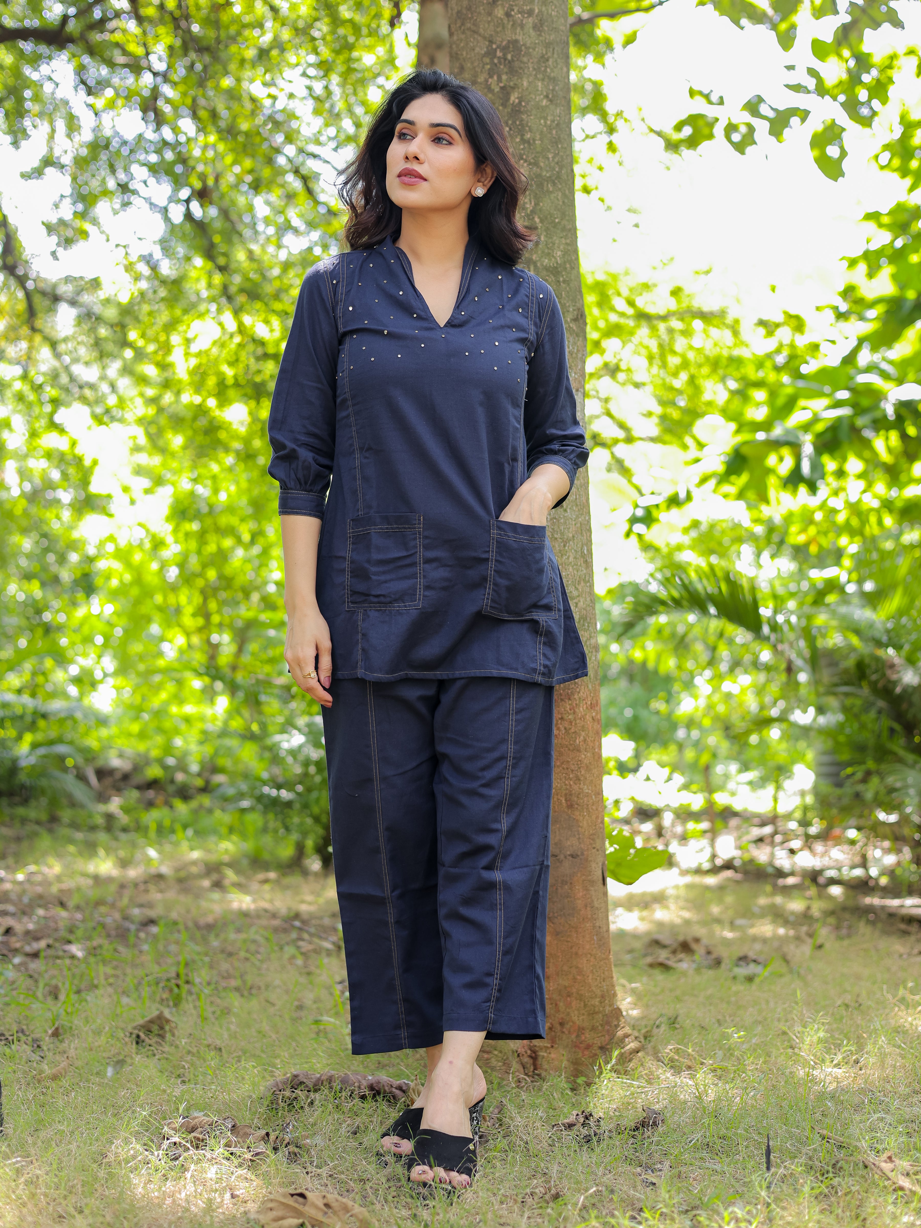 Navy Blue Solid Denim Pattern Cotton Co-ords Set