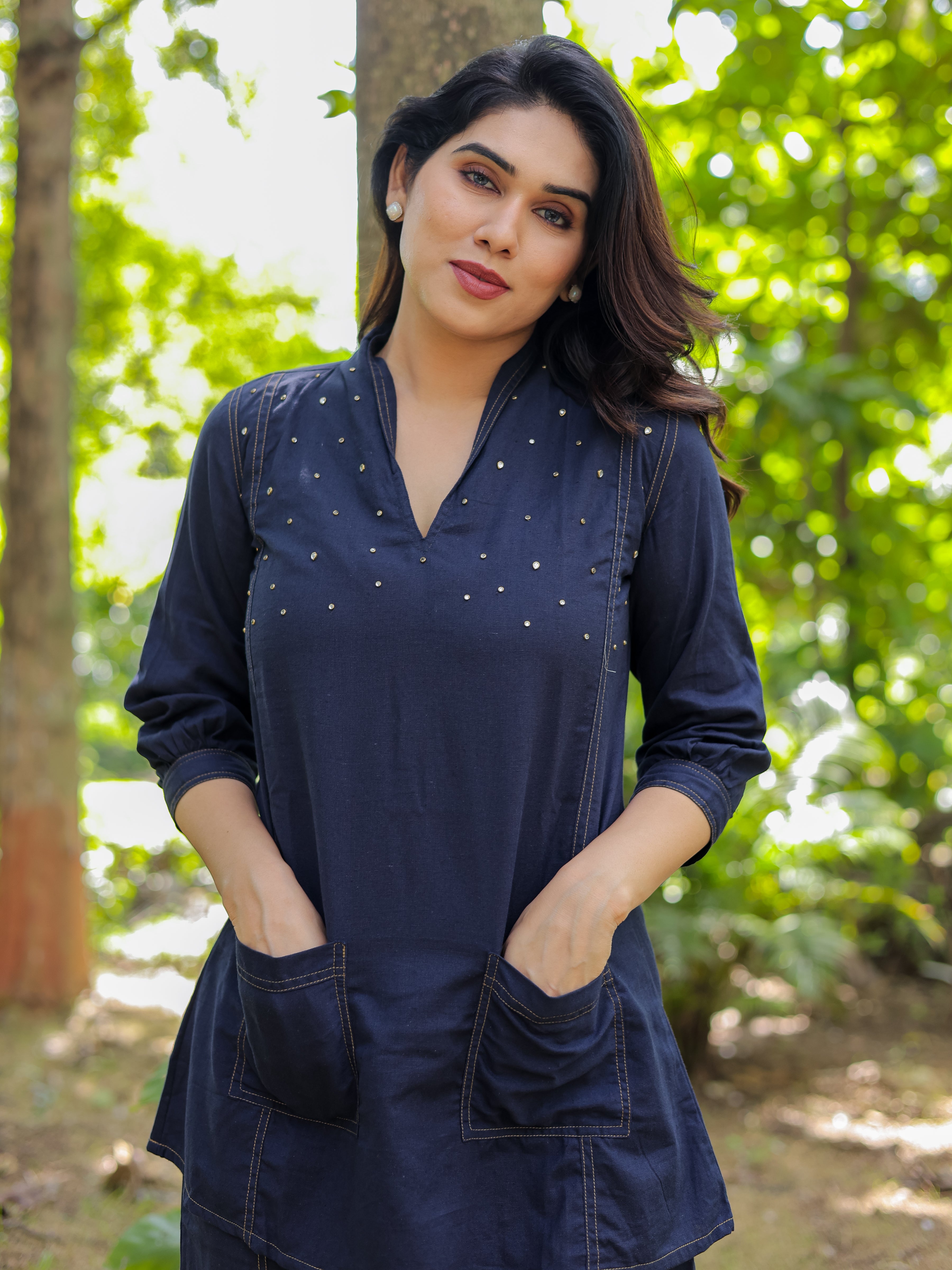 Navy Blue Solid Denim Pattern Cotton Co-ords Set