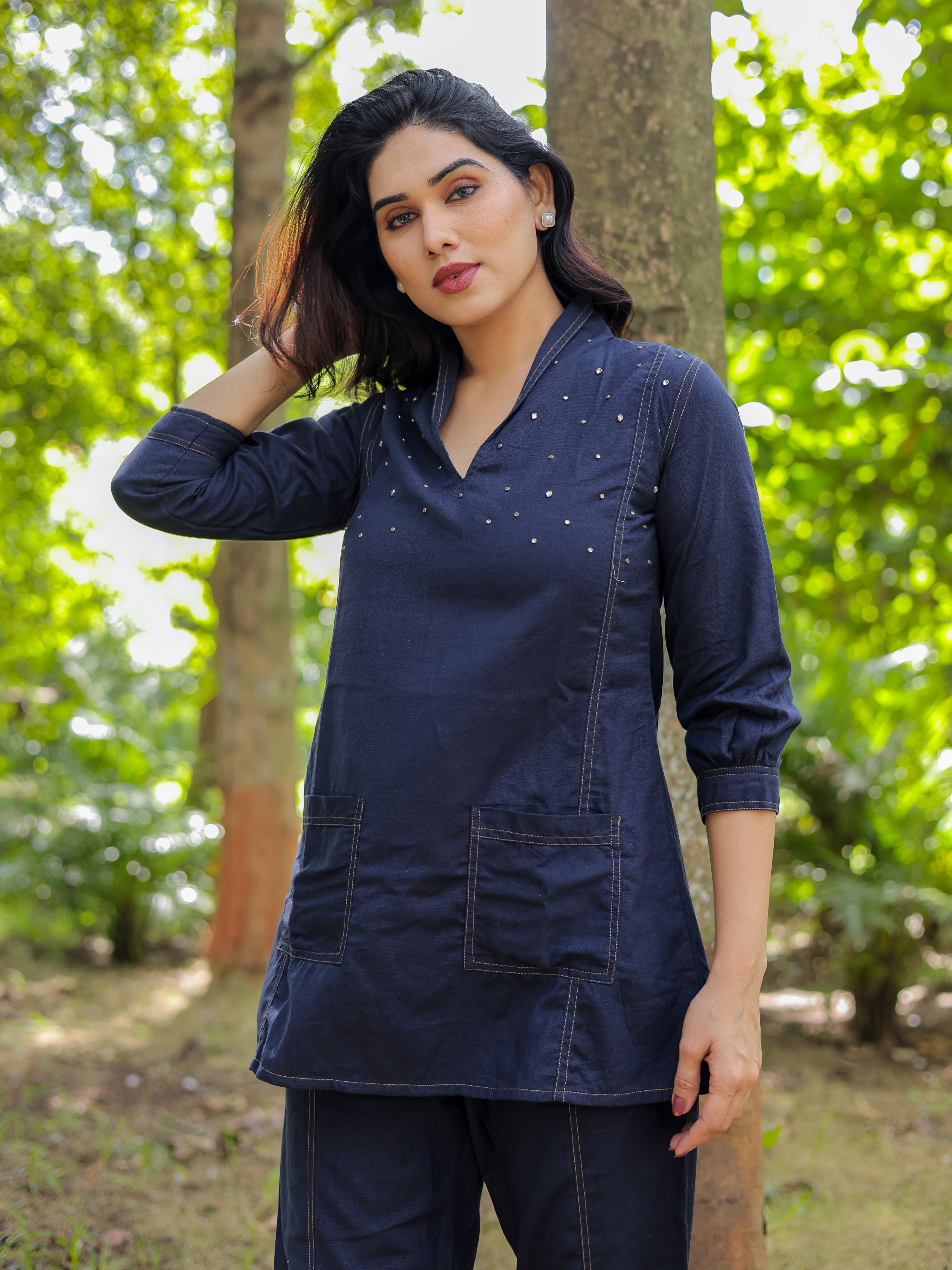Navy Blue Solid Denim Pattern Cotton Co-ords Set