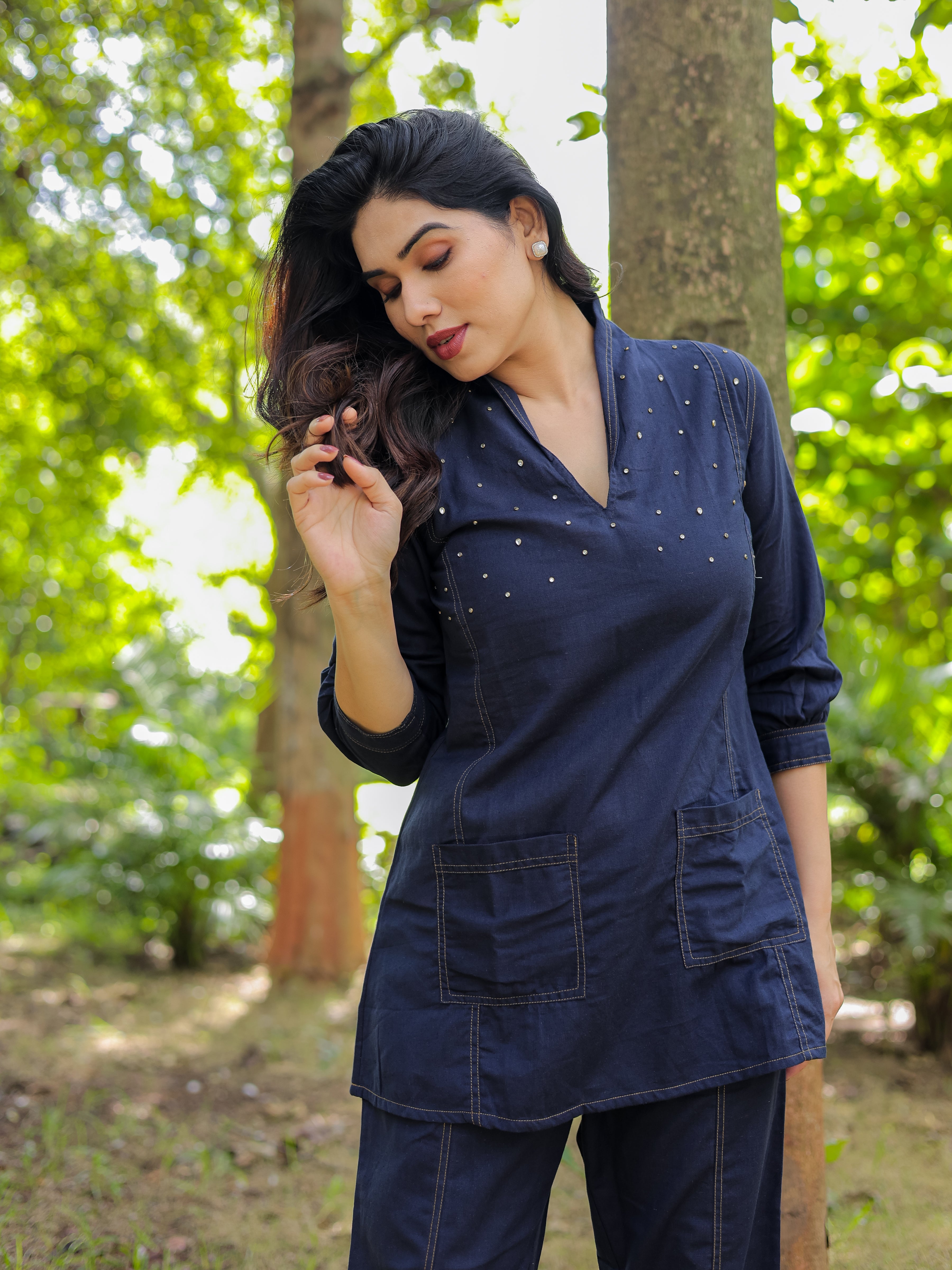Navy Blue Solid Denim Pattern Cotton Co-ords Set