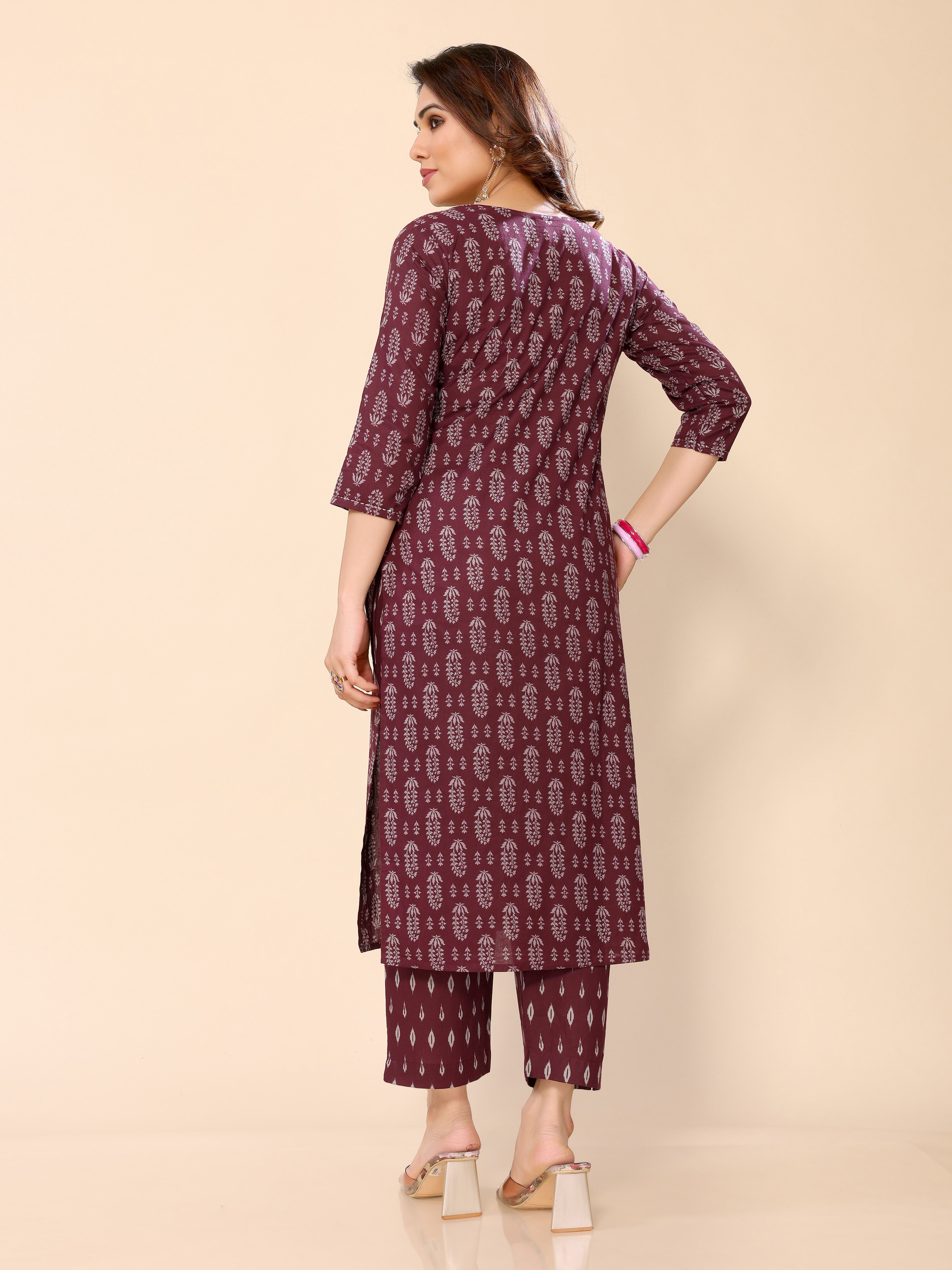 Mauve Floral Printed Cotton Kurta with Trouser Pant
