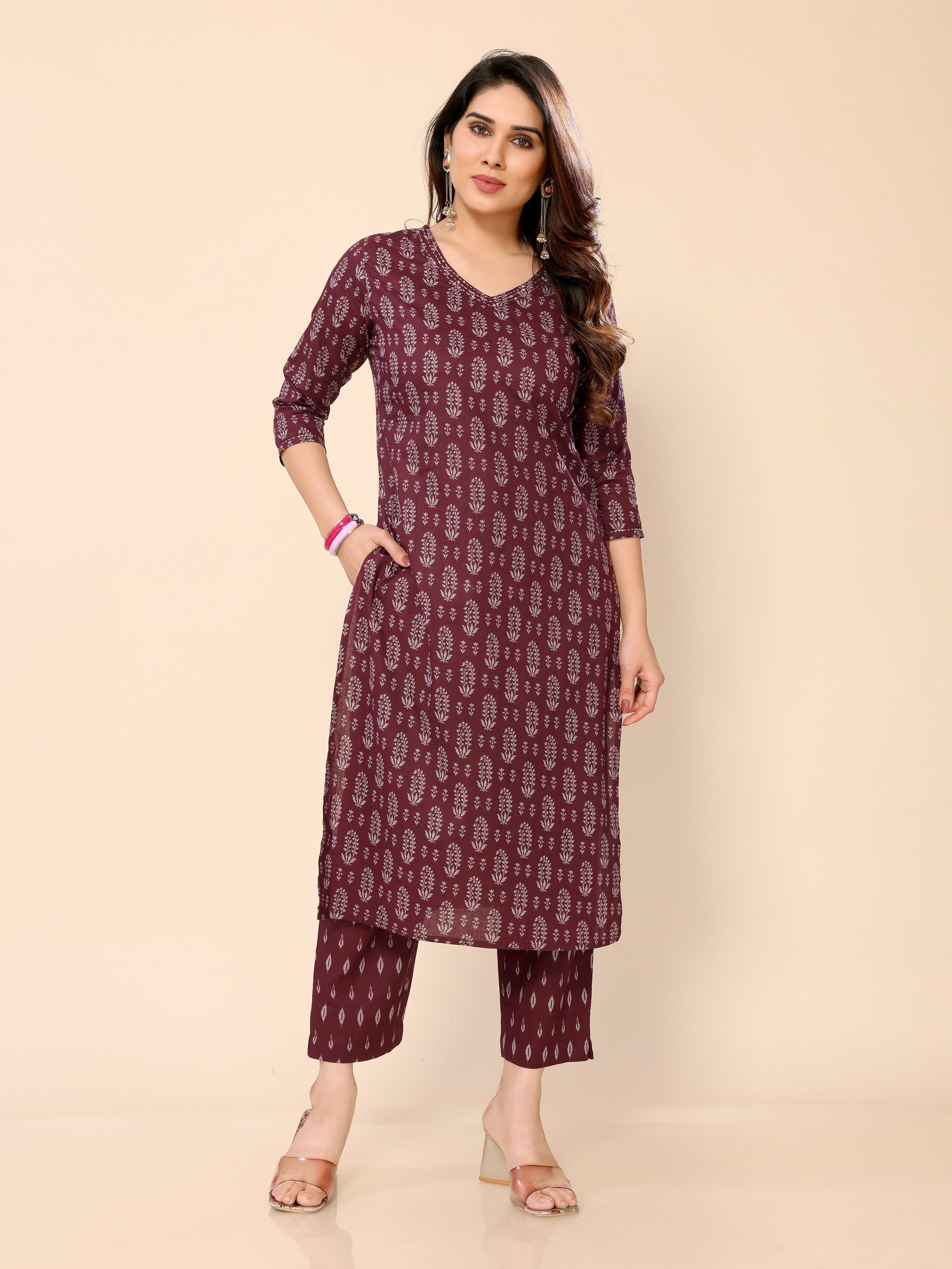 Mauve Floral Printed Cotton Kurta with Trouser Pant