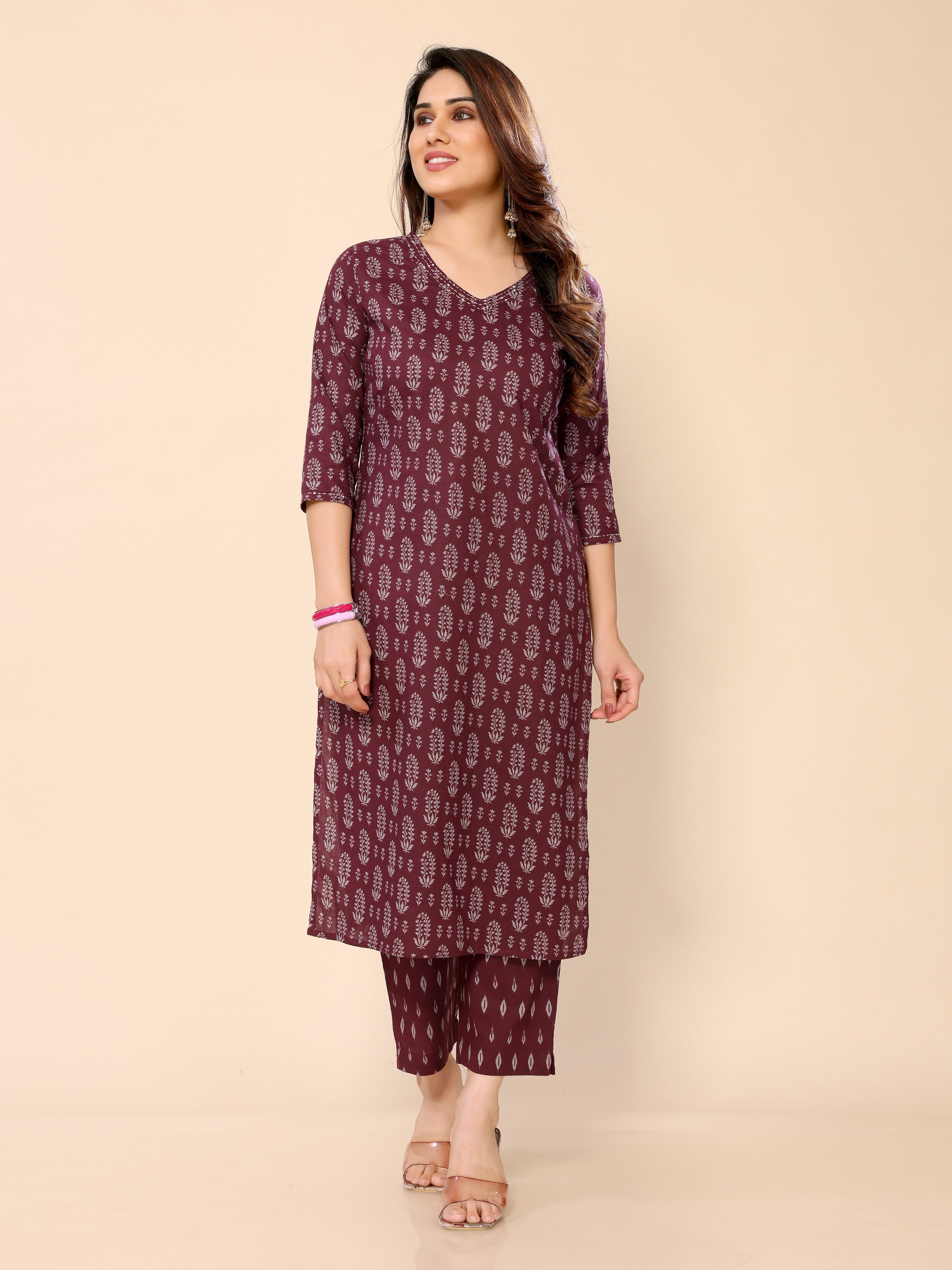 Mauve Floral Printed Cotton Kurta with Trouser Pant