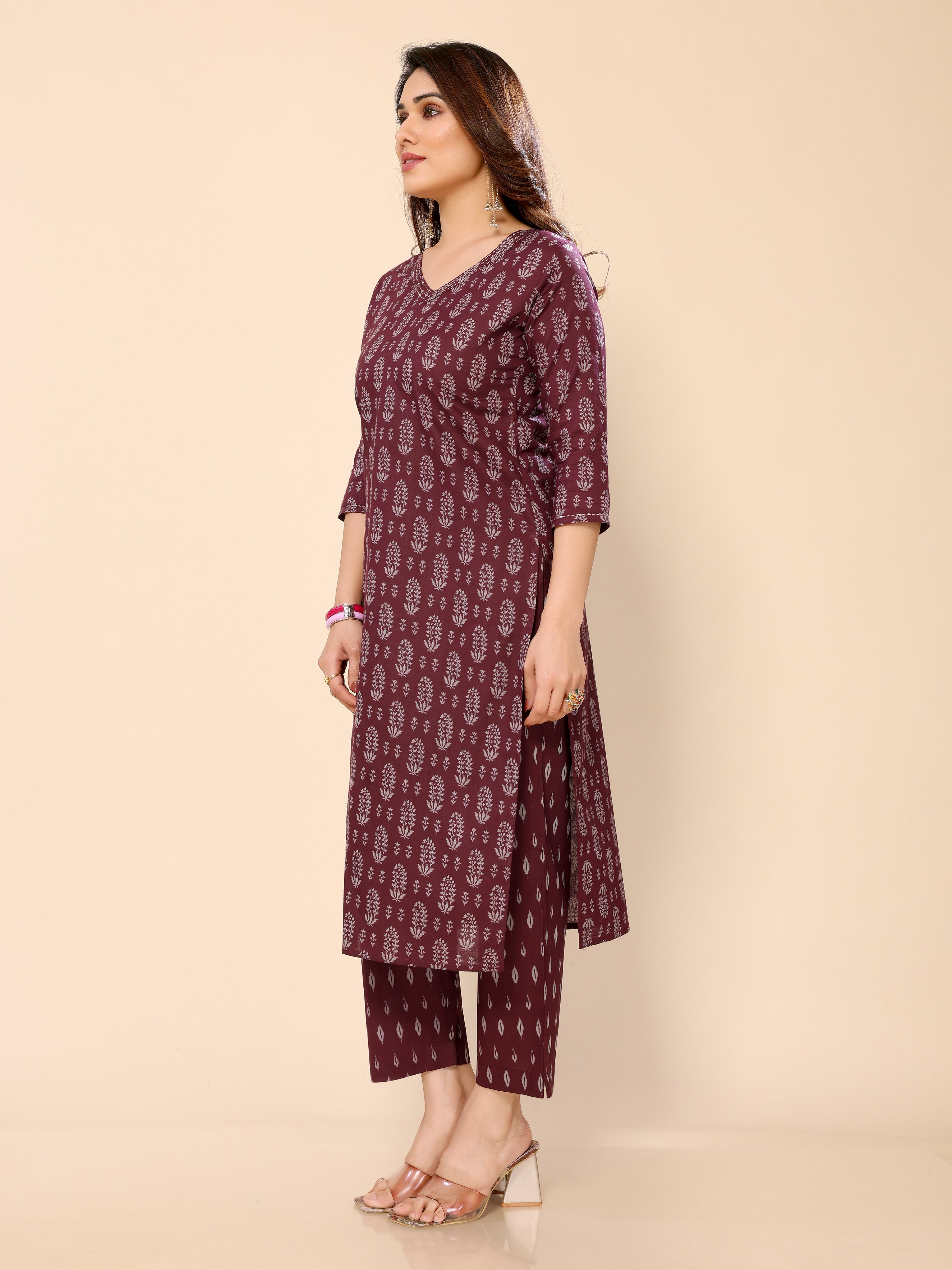 Mauve Floral Printed Cotton Kurta with Trouser Pant