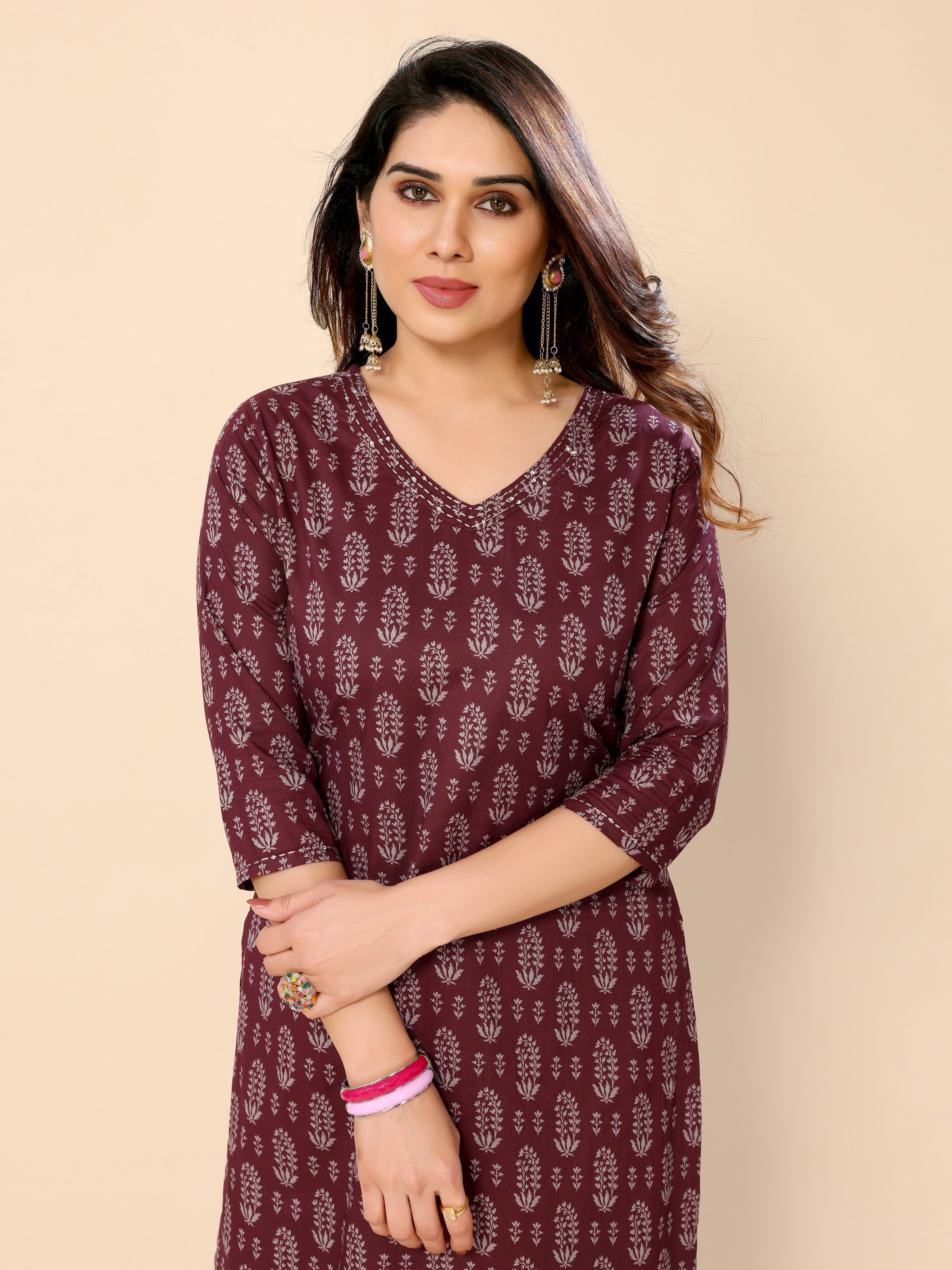 Mauve Floral Printed Cotton Kurta with Trouser Pant