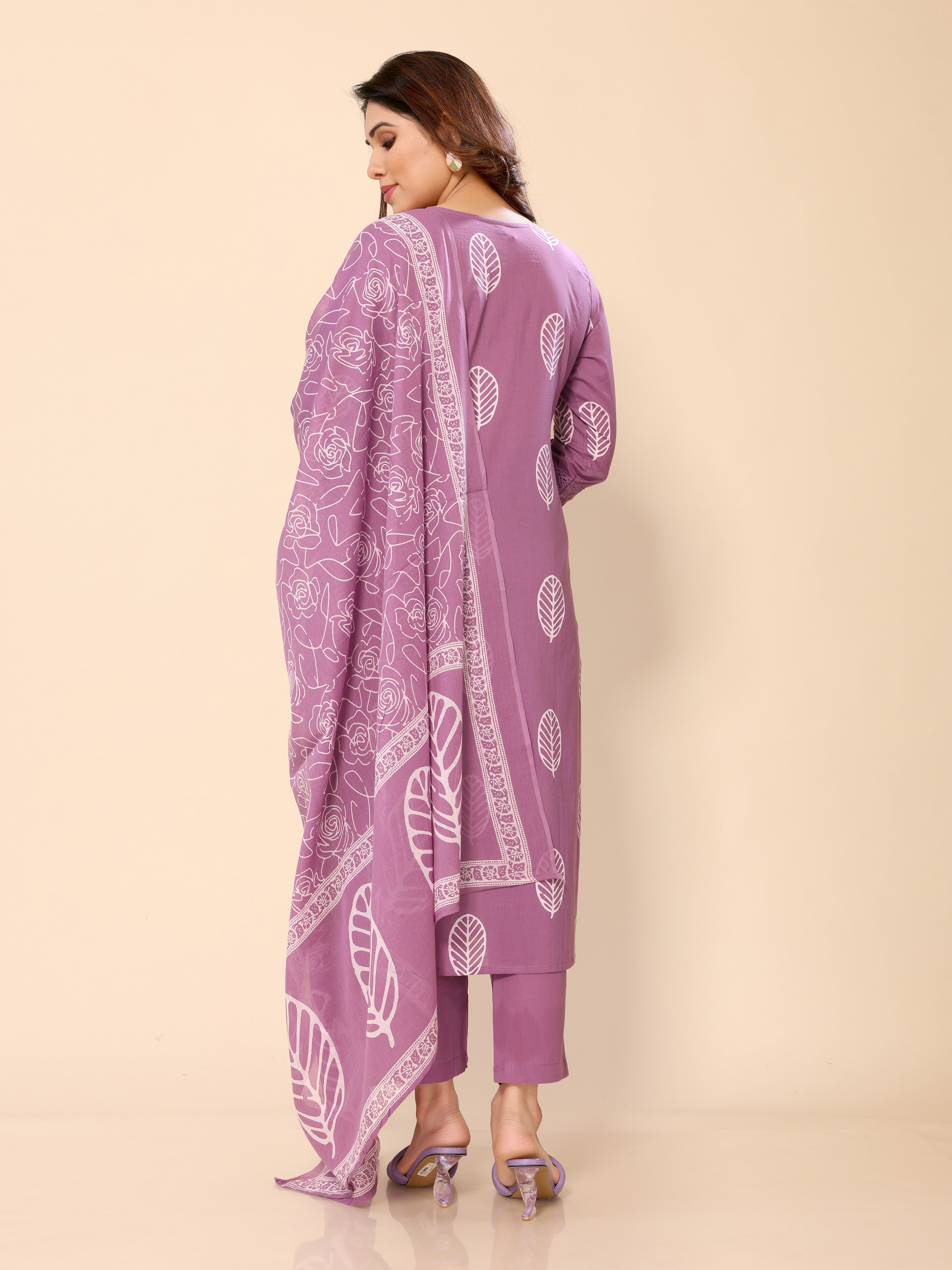 Purple Cotton Printed Kurta Pant & Dupatta Set