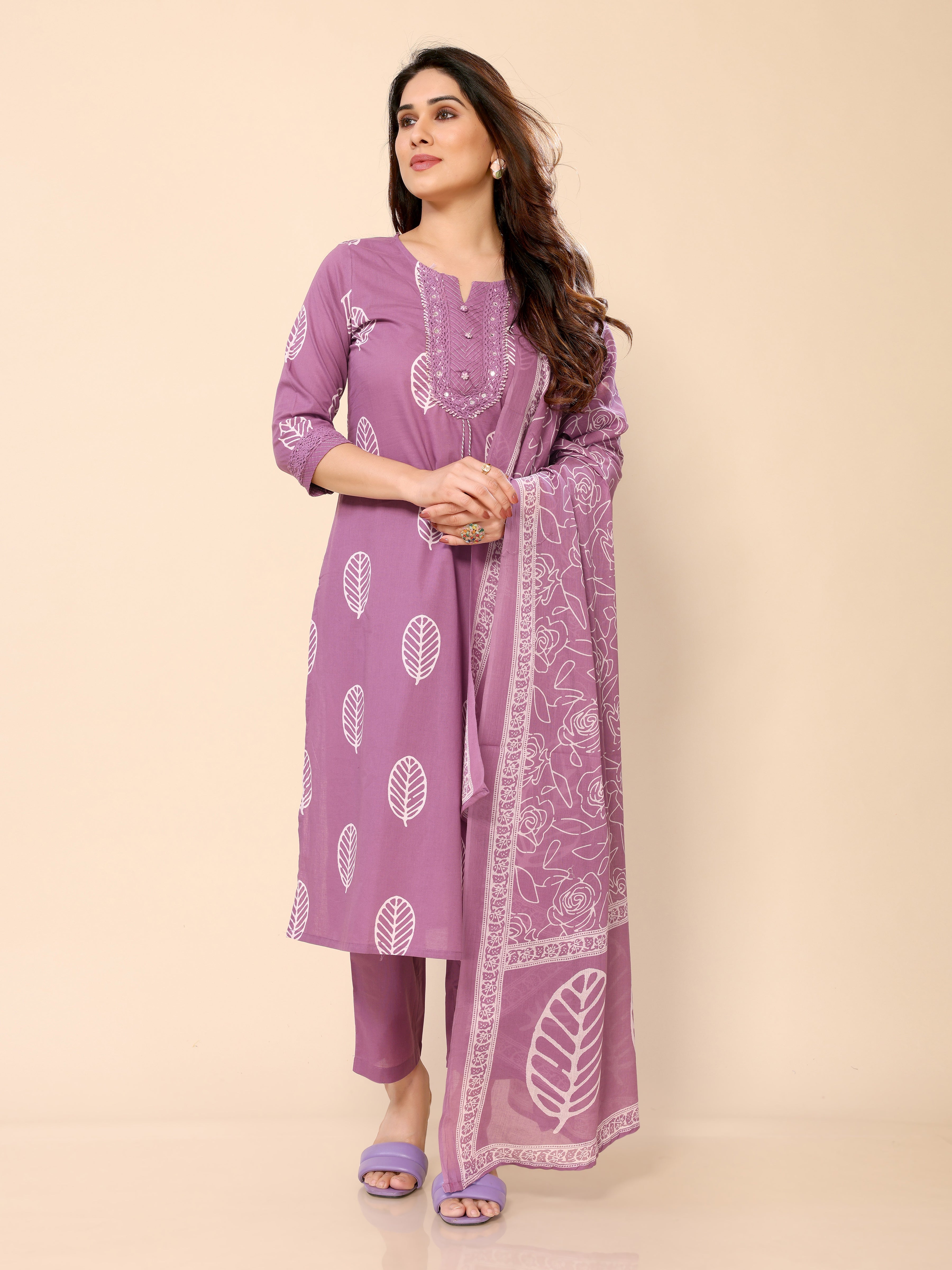 Purple Cotton Printed Kurta Pant & Dupatta Set