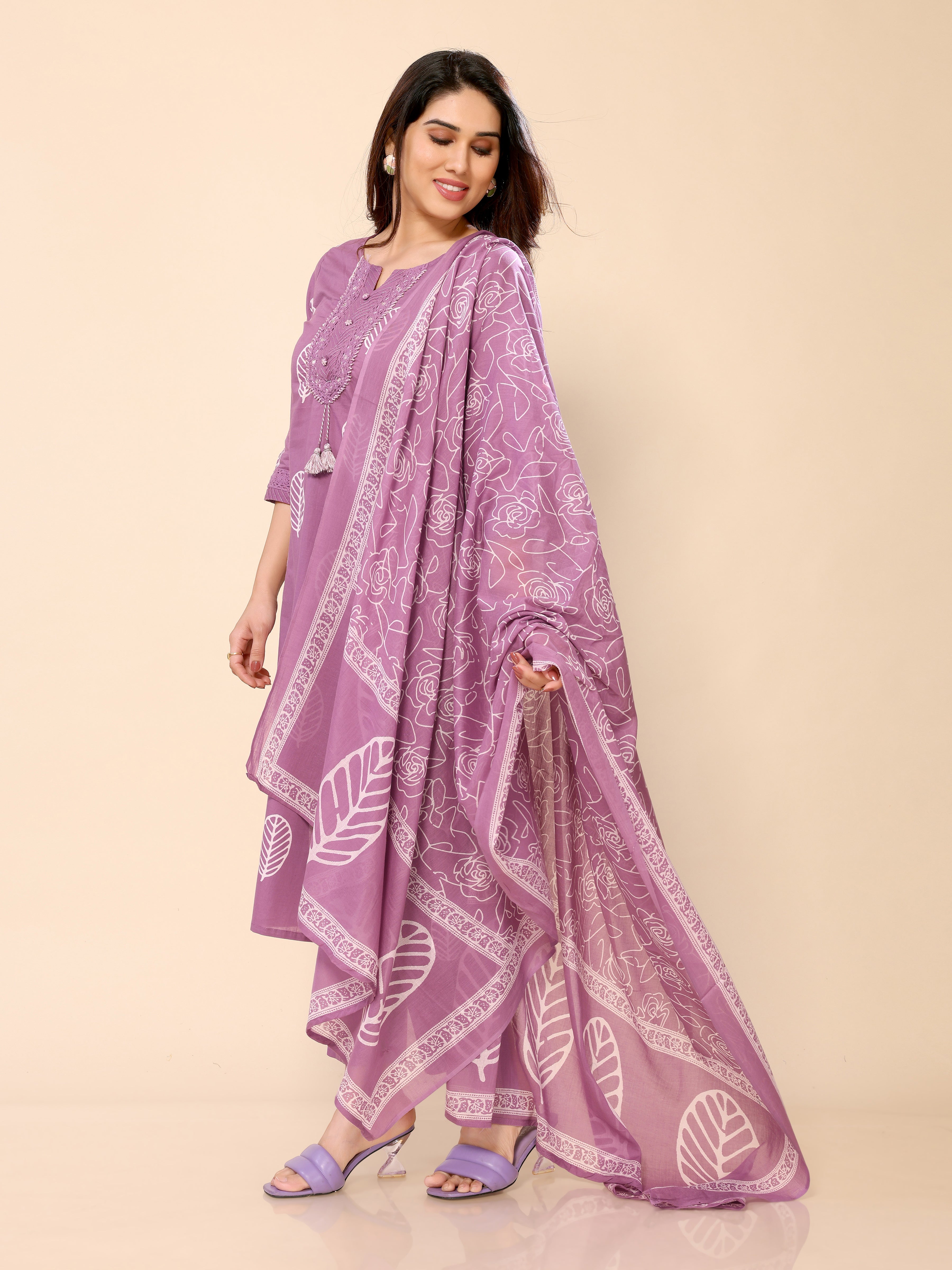 Purple Cotton Printed Kurta Pant & Dupatta Set