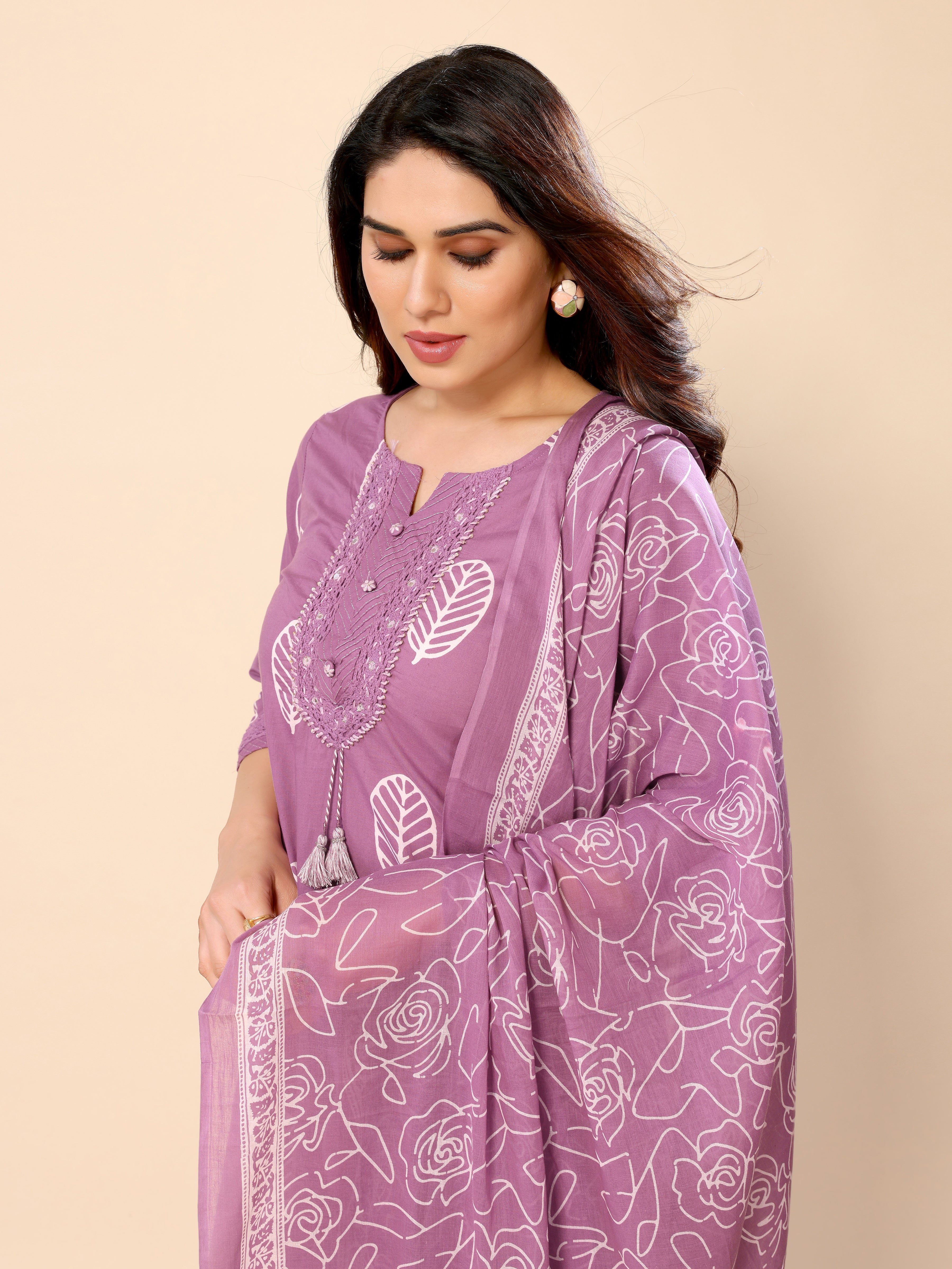 Purple Cotton Printed Kurta Pant & Dupatta Set
