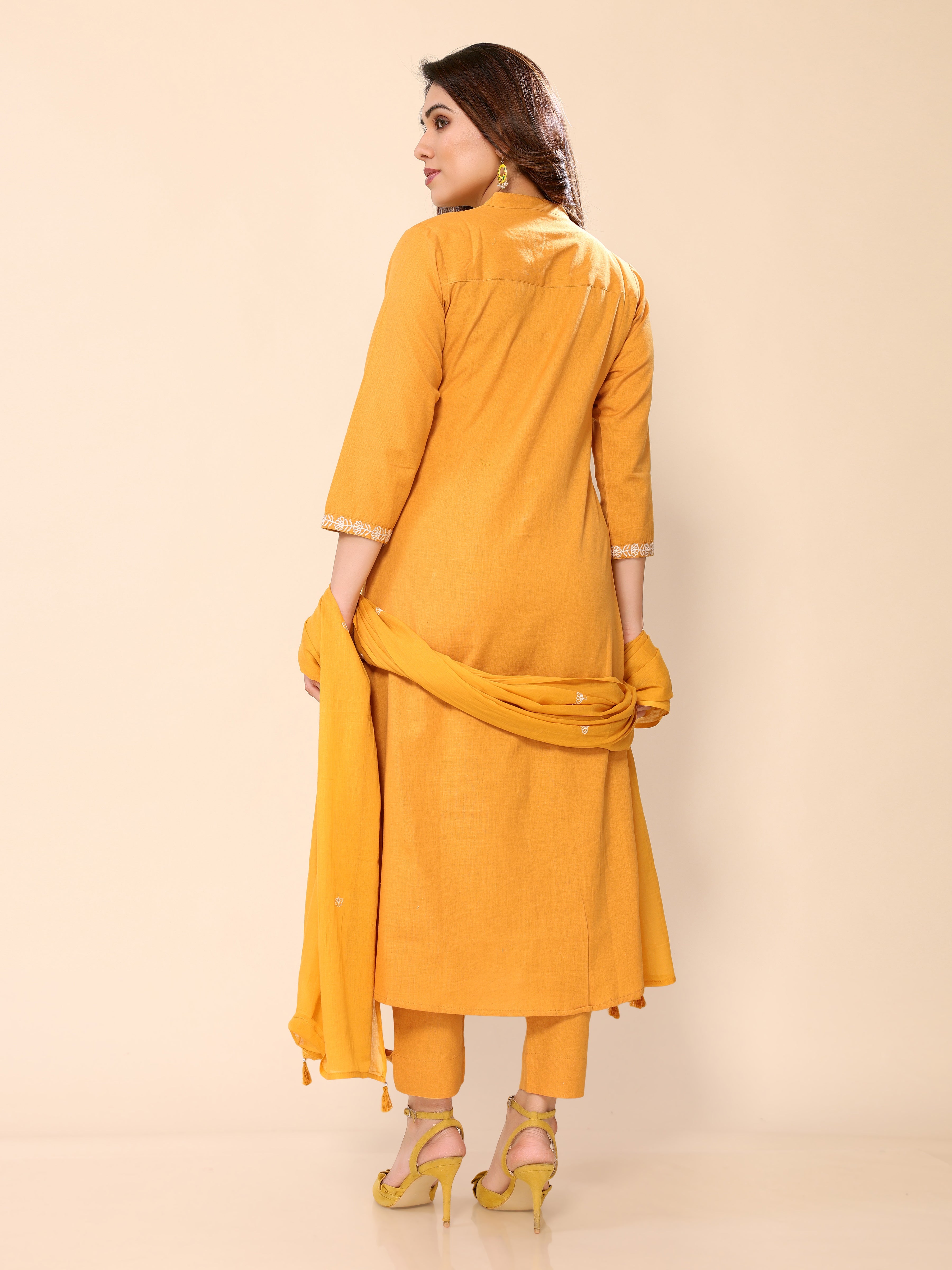 Yellowish Orange Cotton Embroidery Kurta Pant & Dupatta Set