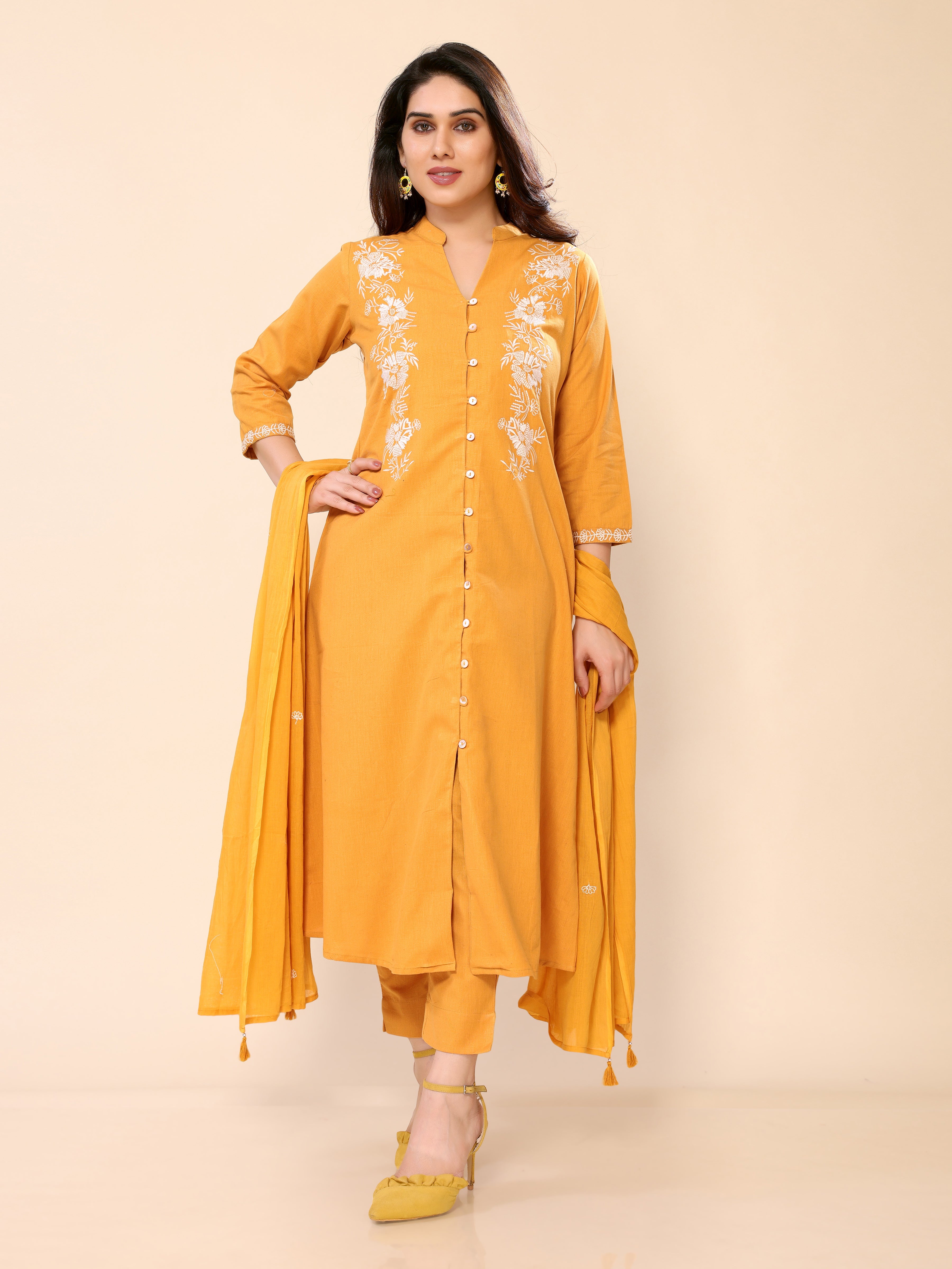 Yellowish Orange Cotton Embroidery Kurta Pant & Dupatta Set