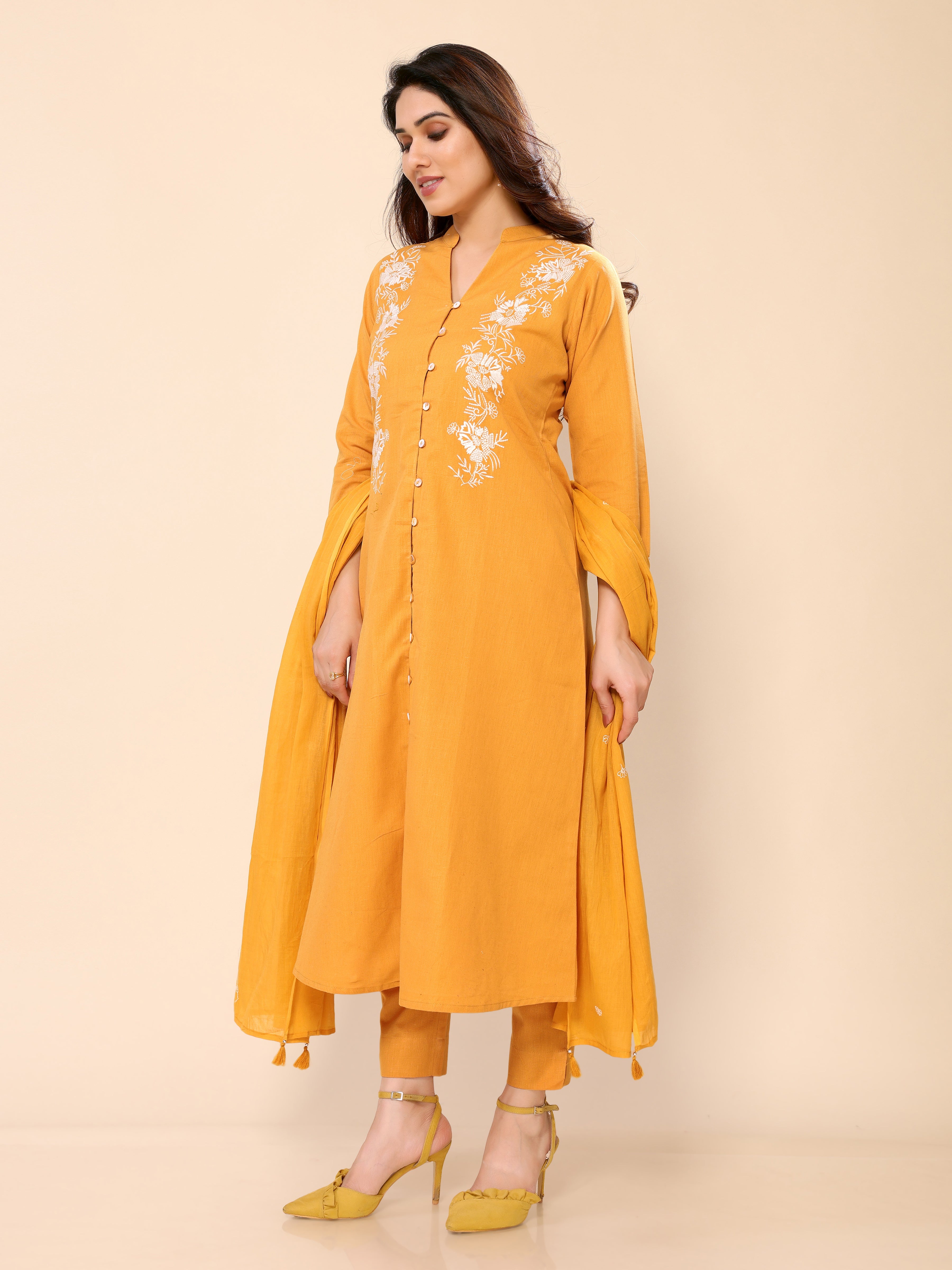 Yellowish Orange Cotton Embroidery Kurta Pant & Dupatta Set