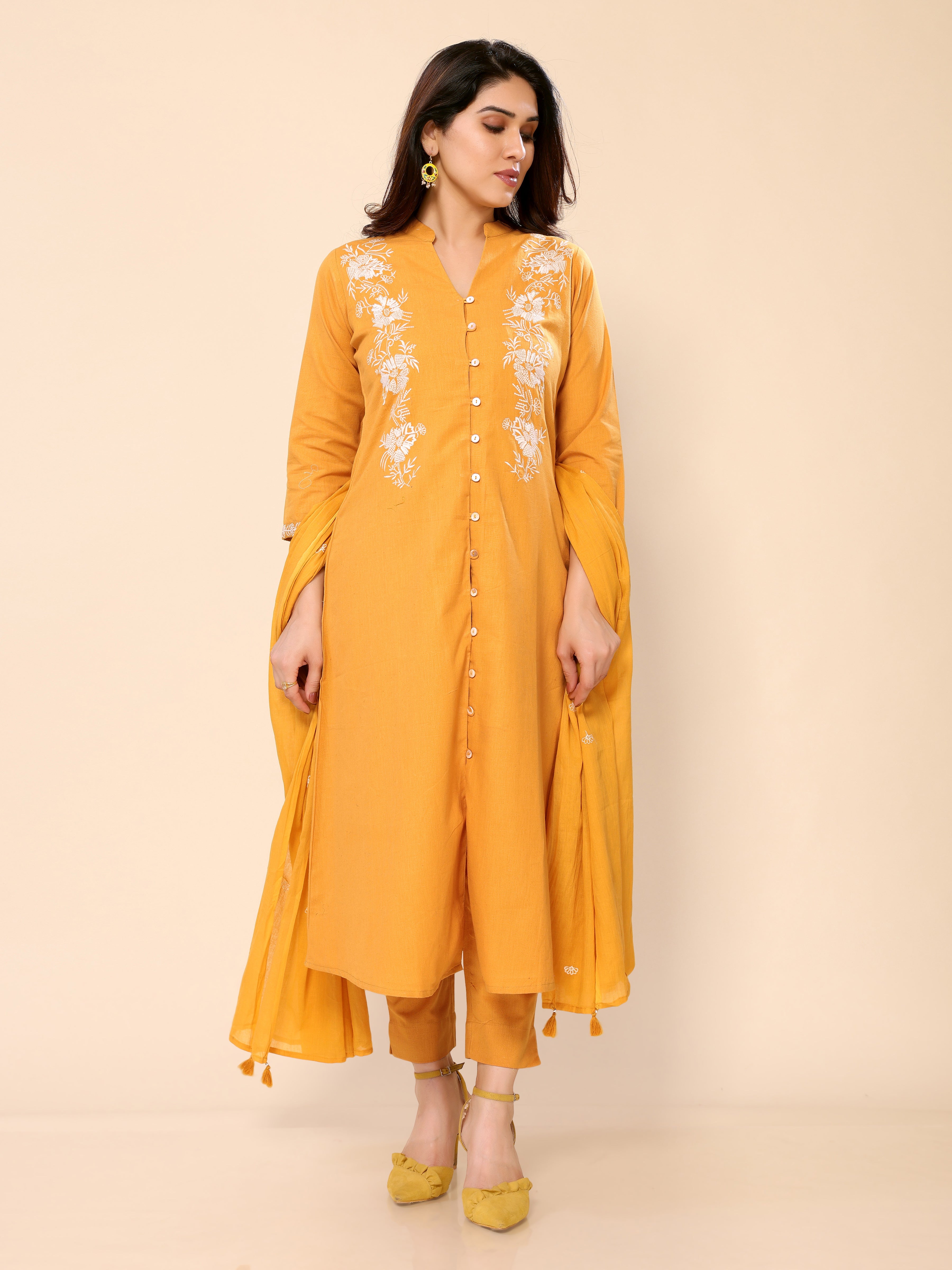 Yellowish Orange Cotton Embroidery Kurta Pant & Dupatta Set