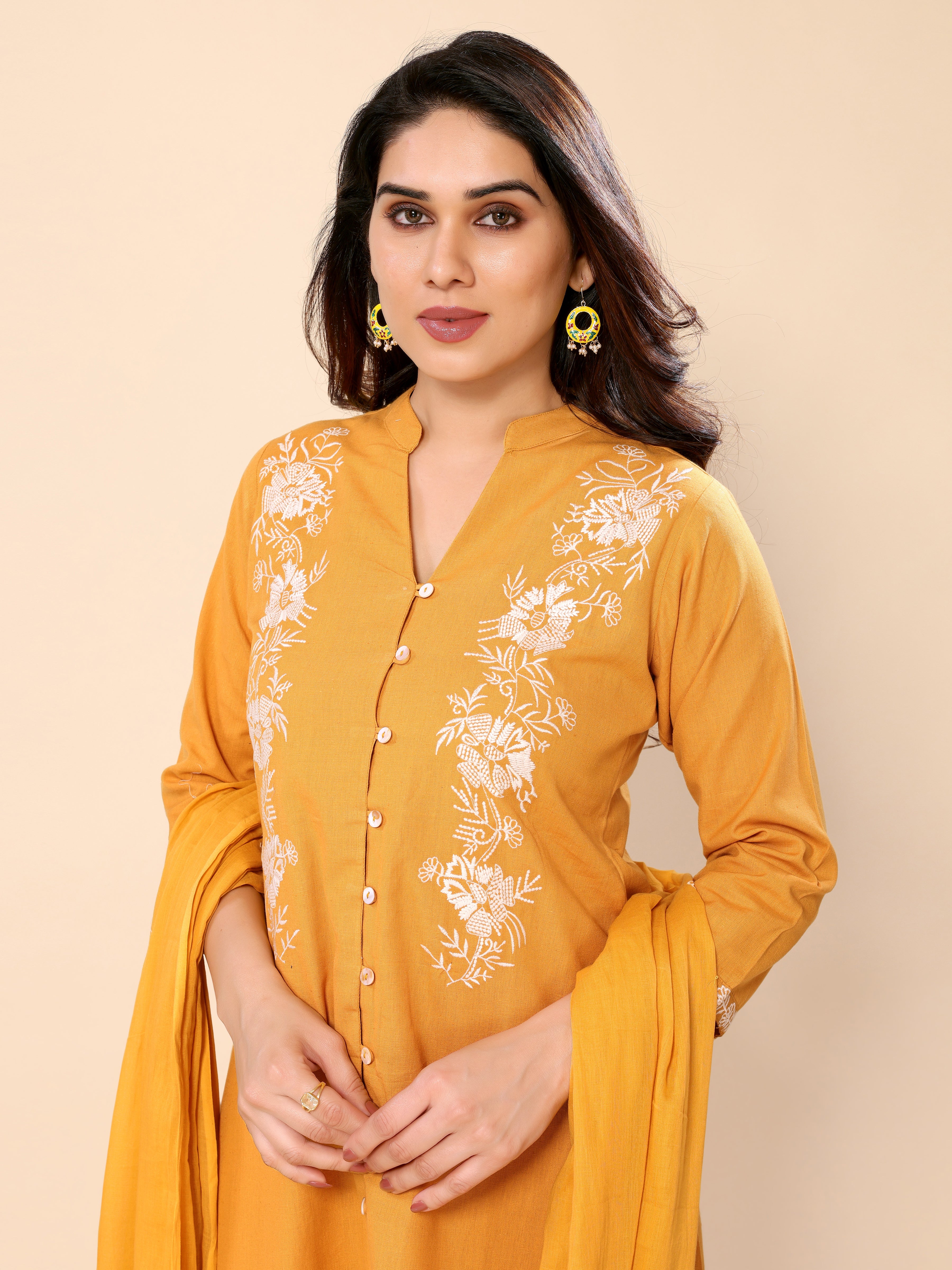 Yellowish Orange Cotton Embroidery Kurta Pant & Dupatta Set
