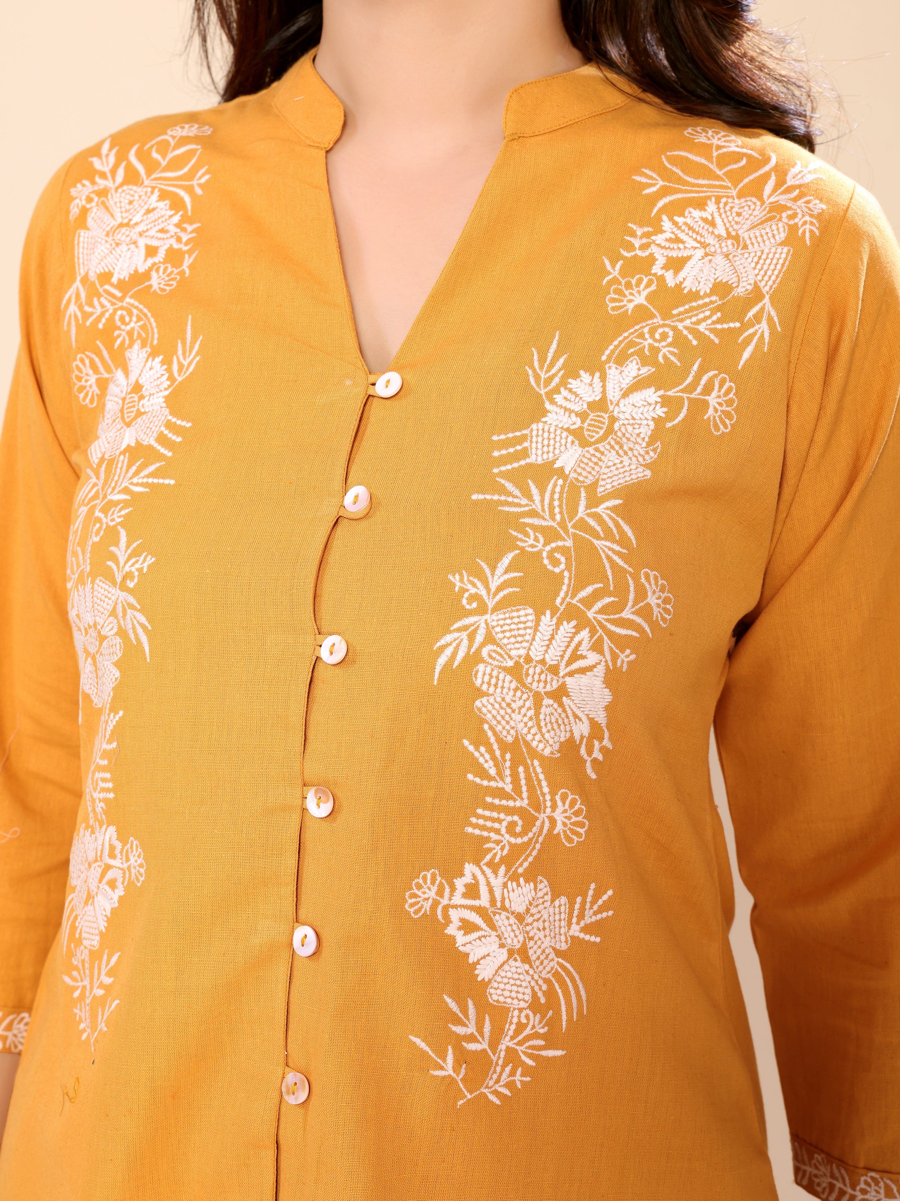 Yellowish Orange Cotton Embroidery Kurta Pant & Dupatta Set