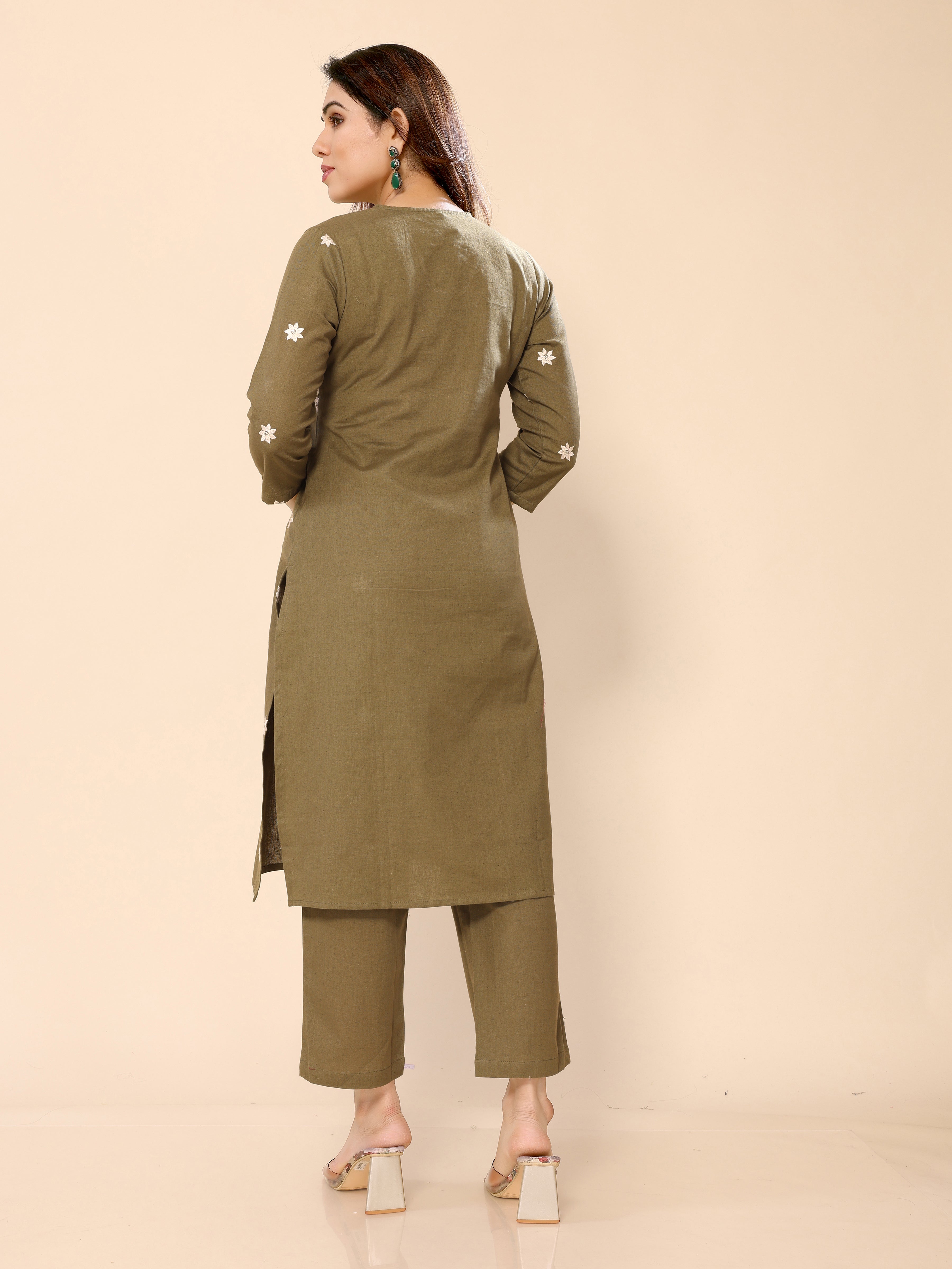 Green Floral Embroidered Cotton Kurta with Trouser Pant