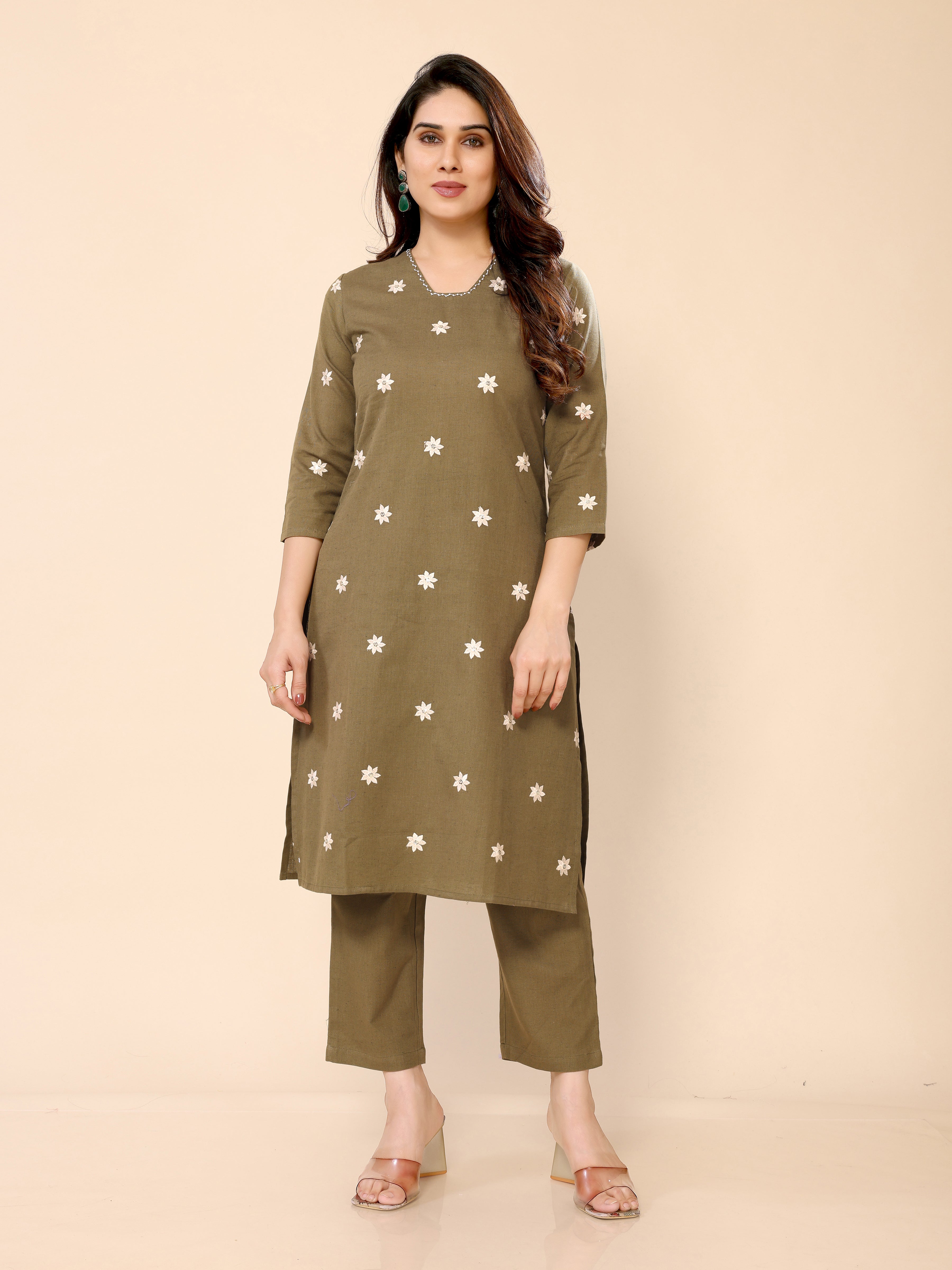 Green Floral Embroidered Cotton Kurta with Trouser Pant