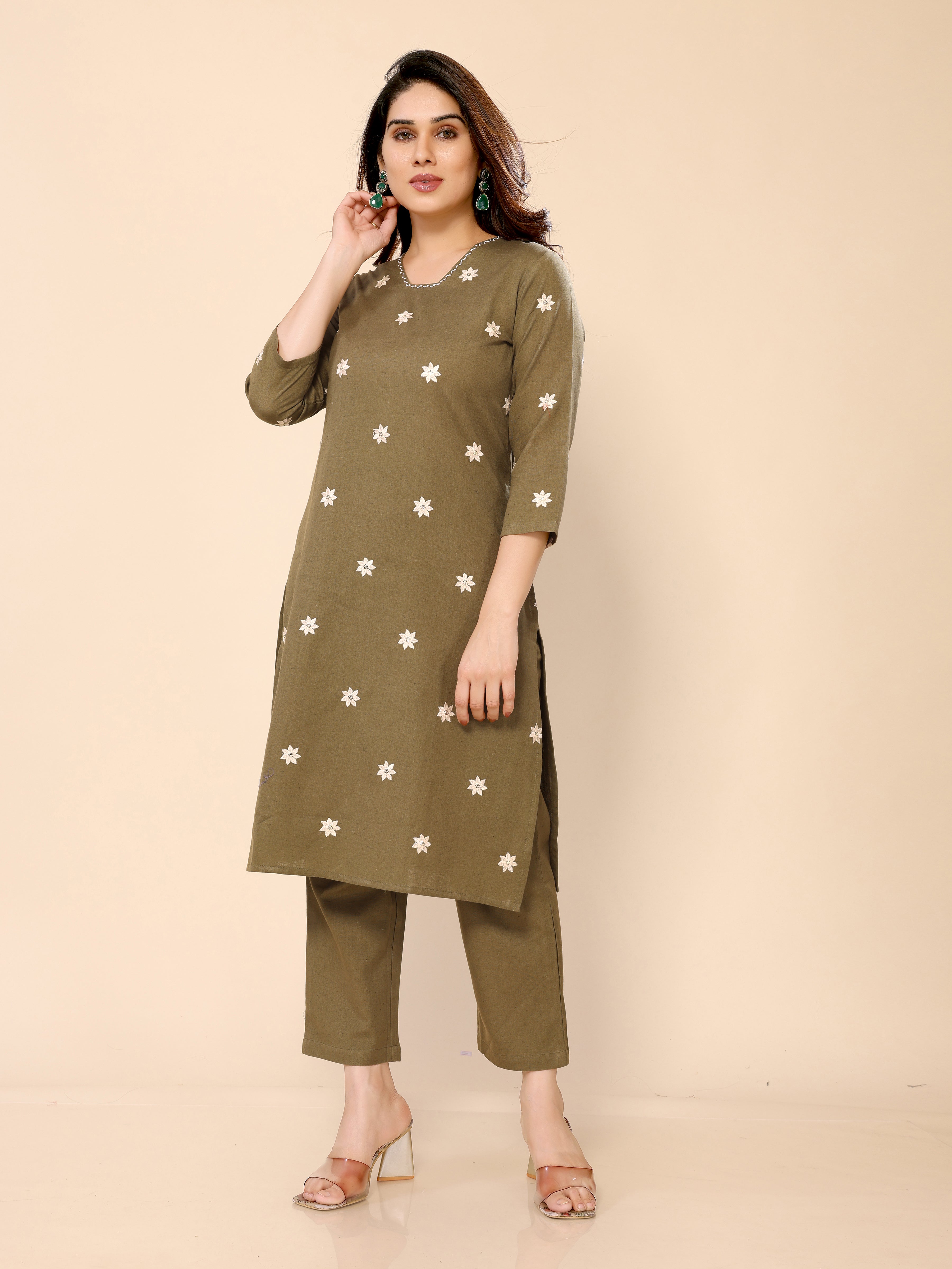 Green Floral Embroidered Cotton Kurta with Trouser Pant
