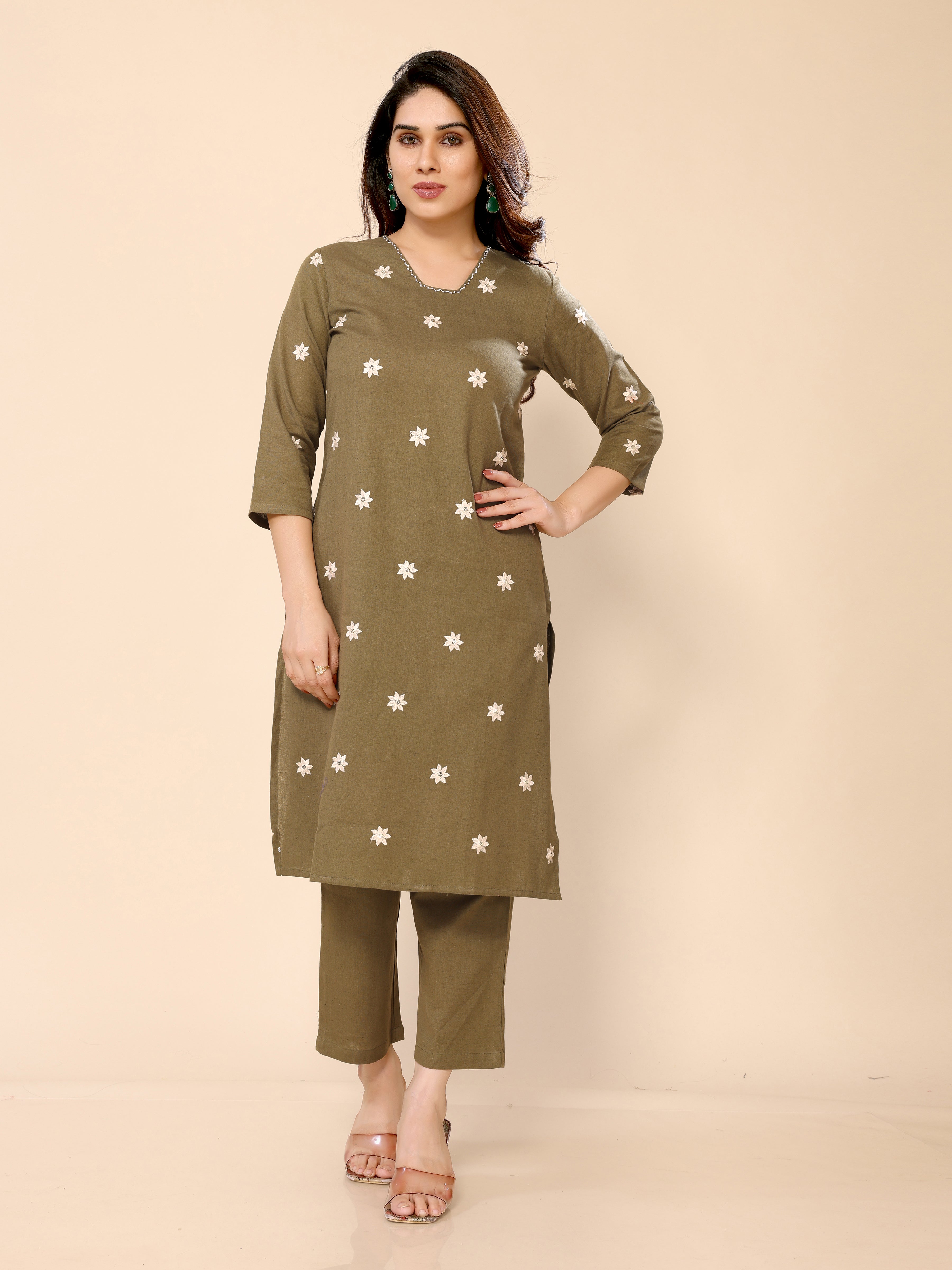 Green Floral Embroidered Cotton Kurta with Trouser Pant