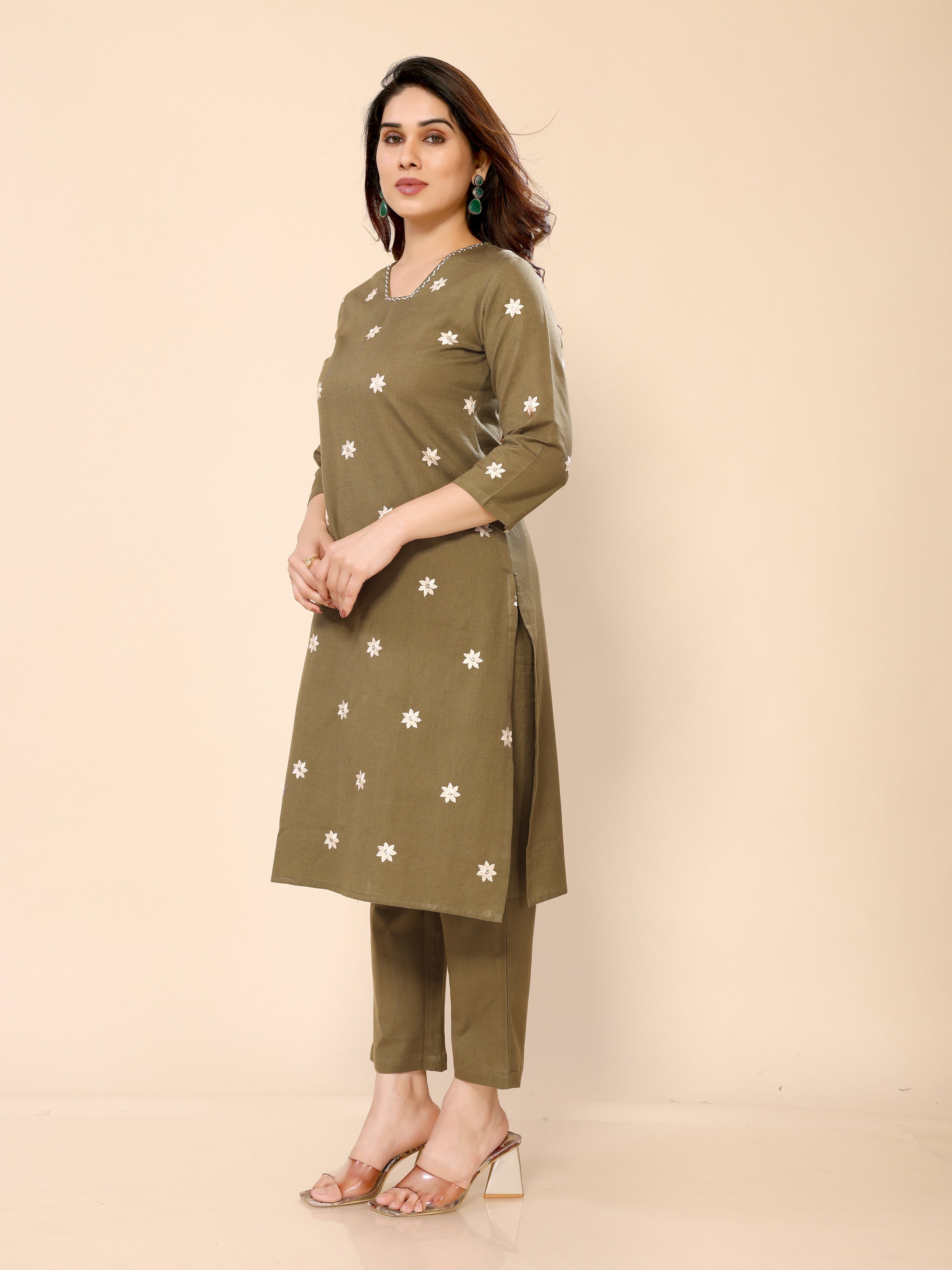 Green Floral Embroidered Cotton Kurta with Trouser Pant