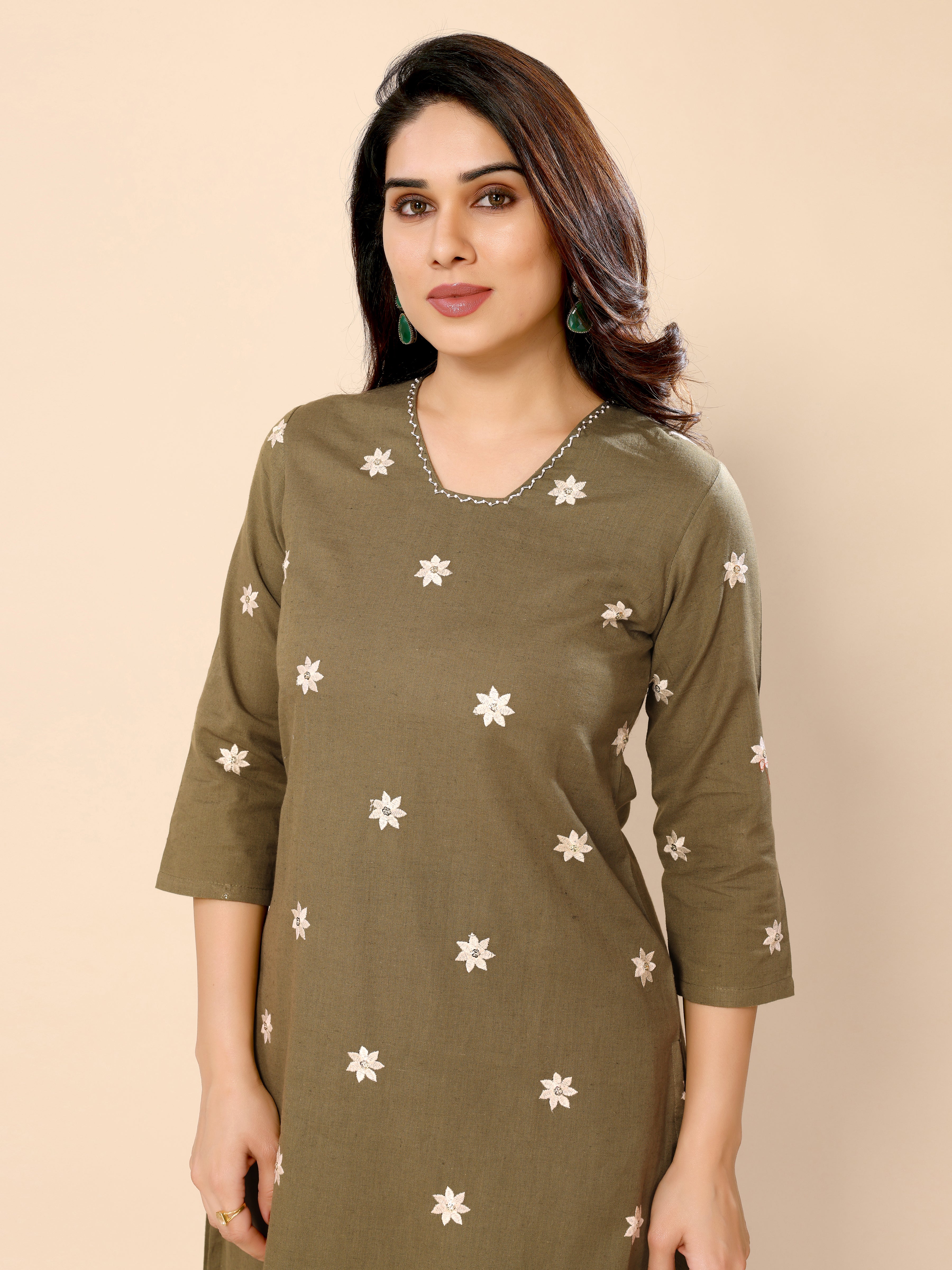 Green Floral Embroidered Cotton Kurta with Trouser Pant