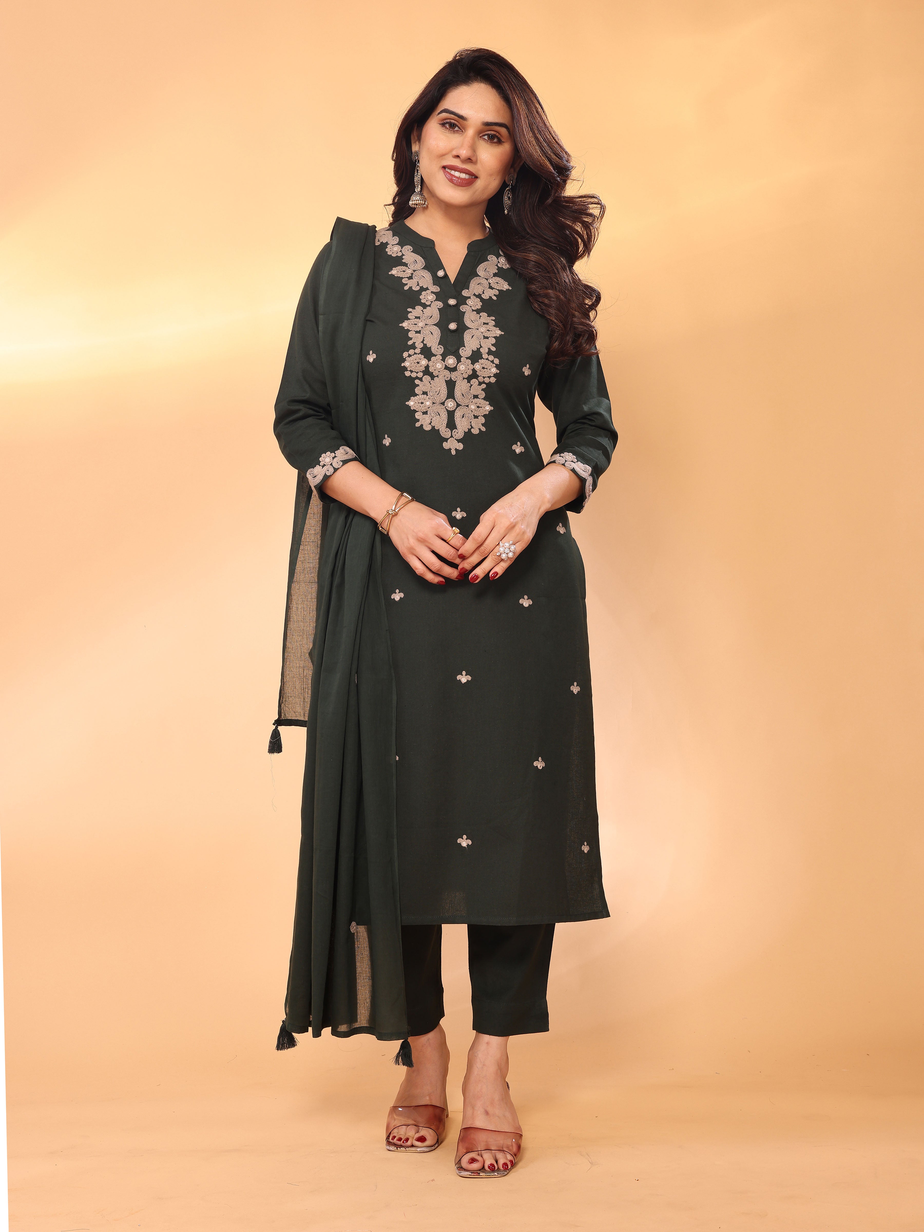 Dark Green Embroidered Straight Kurta Pant & Dupatta Set