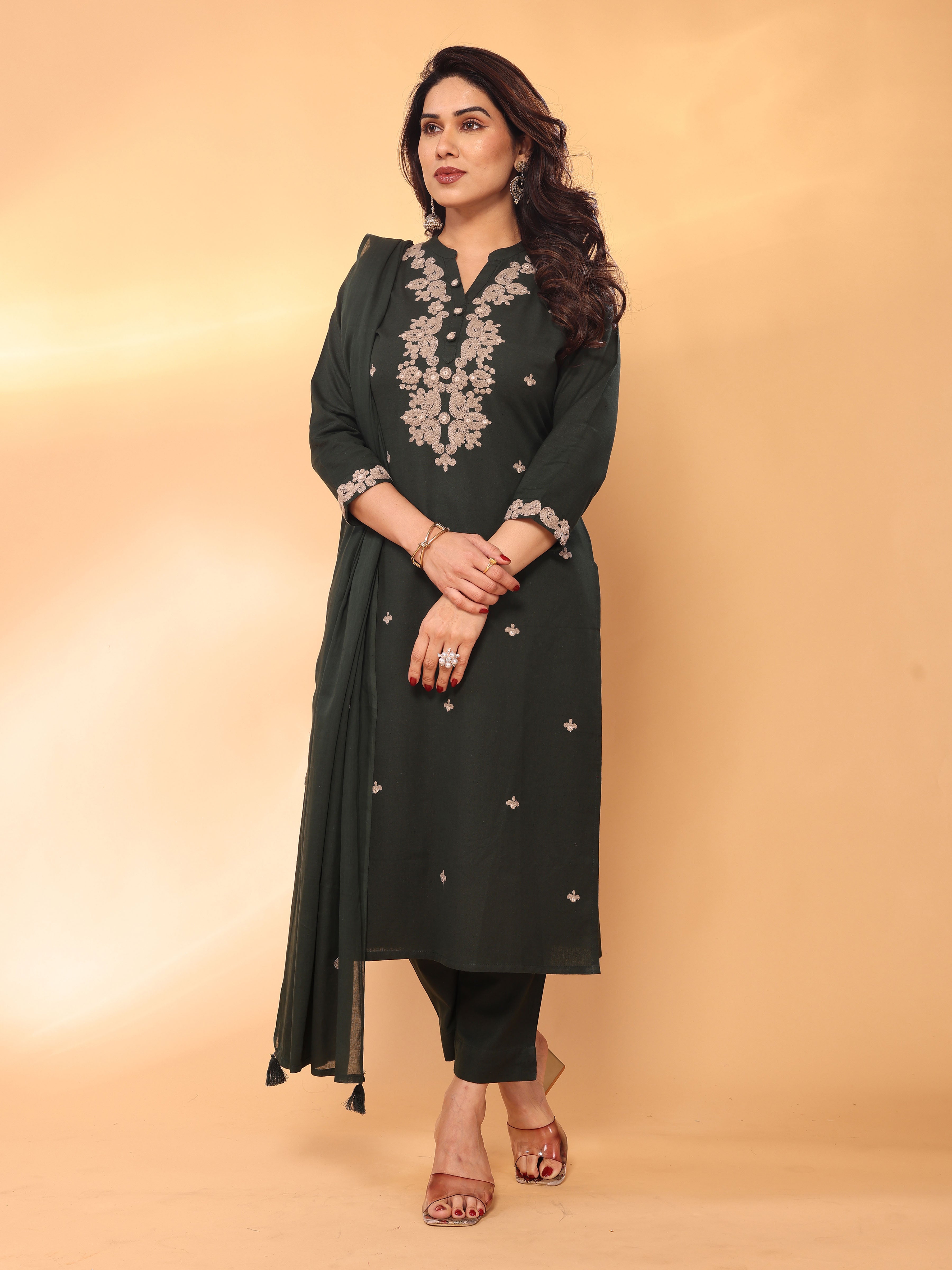 Dark Green Embroidered Straight Kurta Pant & Dupatta Set