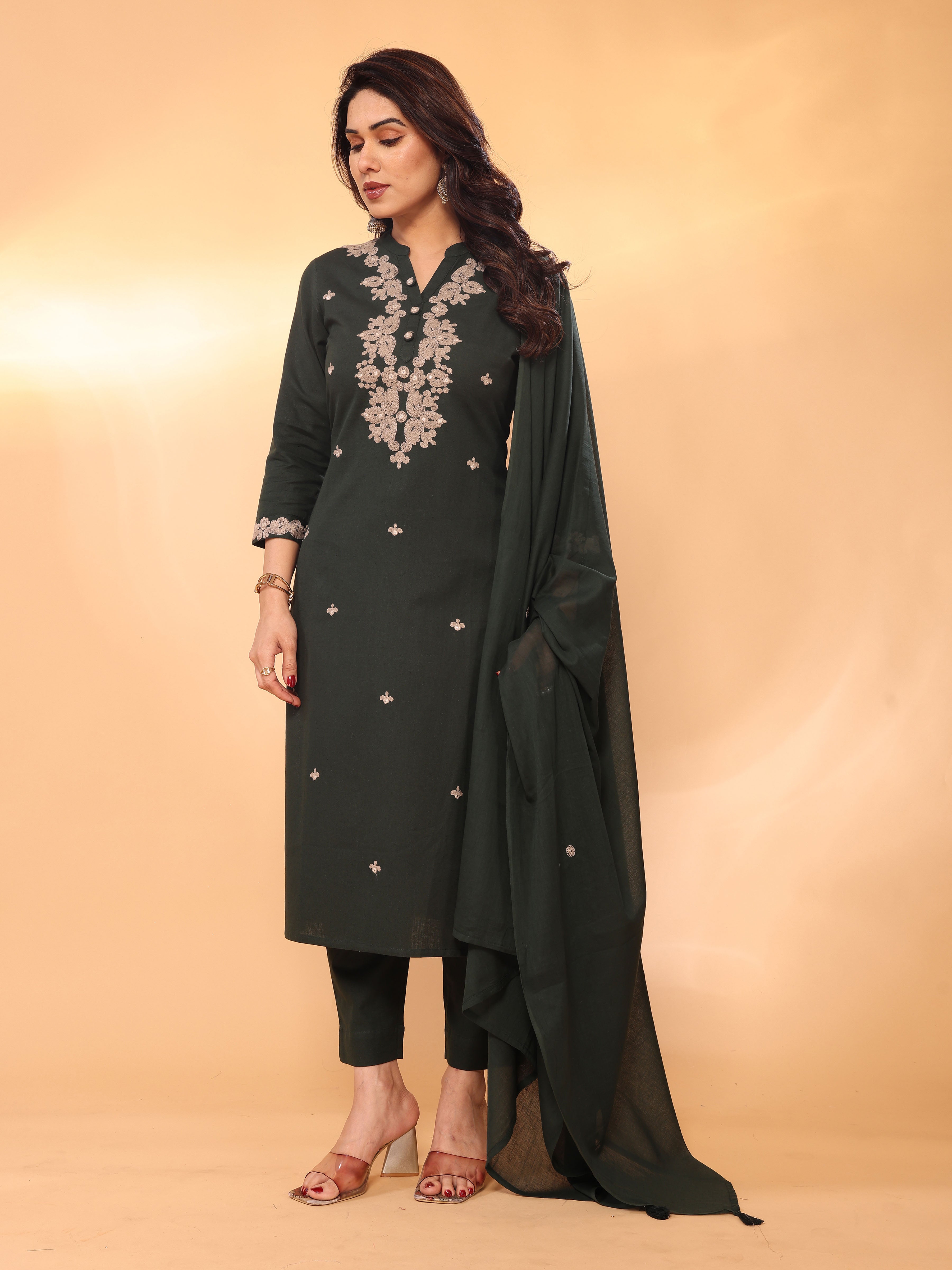 Dark Green Embroidered Straight Kurta Pant & Dupatta Set