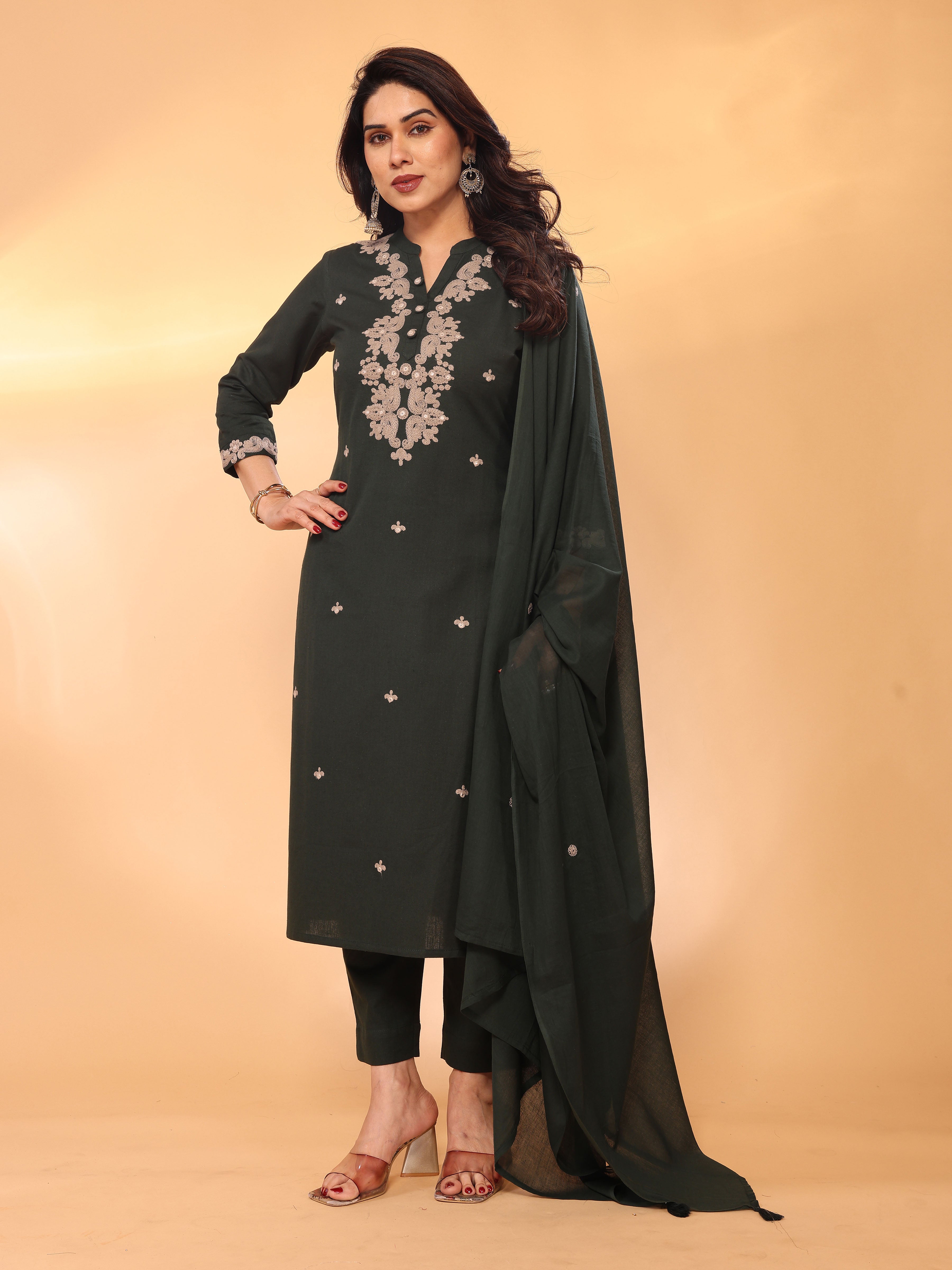 Dark Green Embroidered Straight Kurta Pant & Dupatta Set
