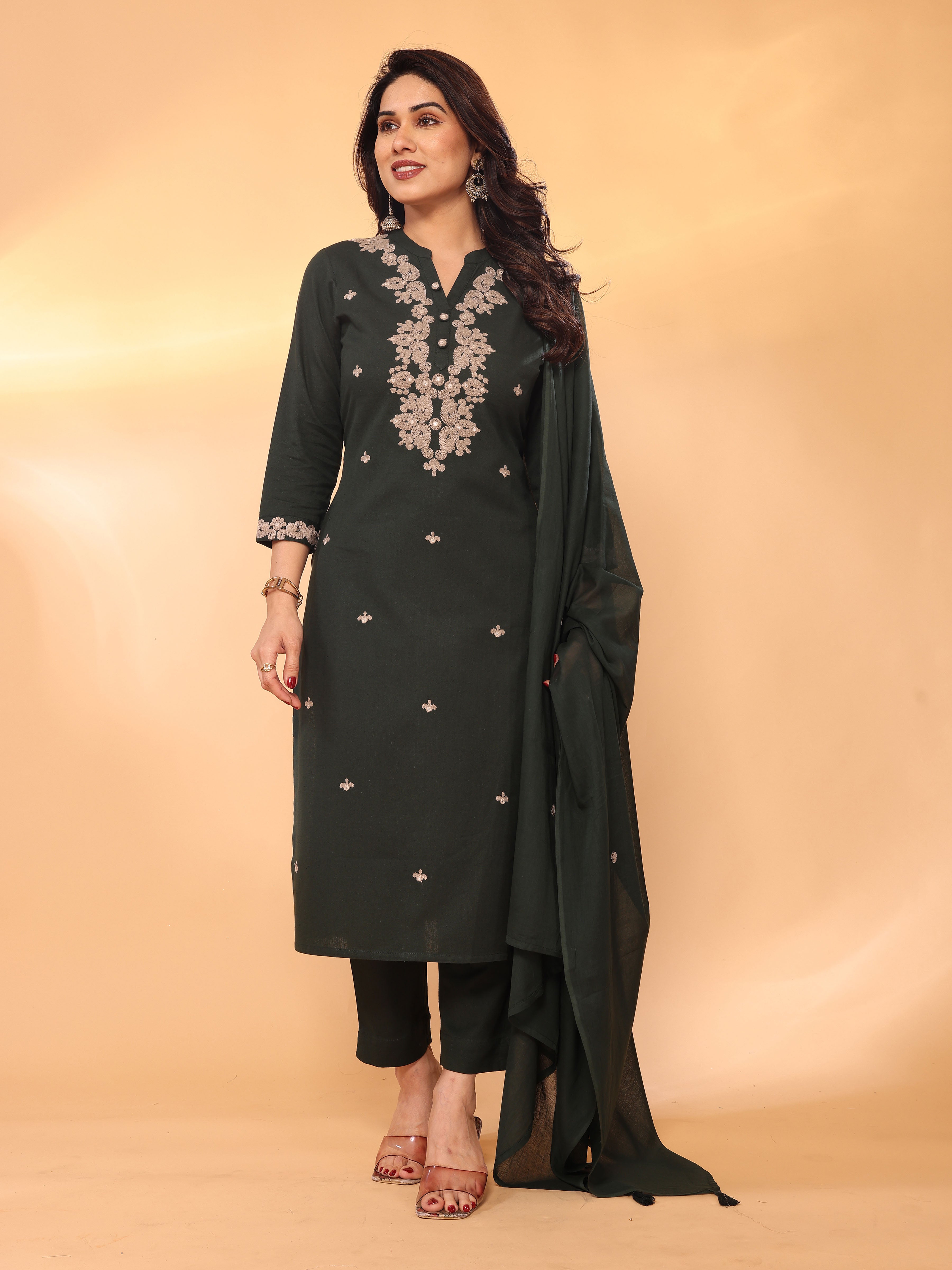 Dark Green Embroidered Straight Kurta Pant & Dupatta Set