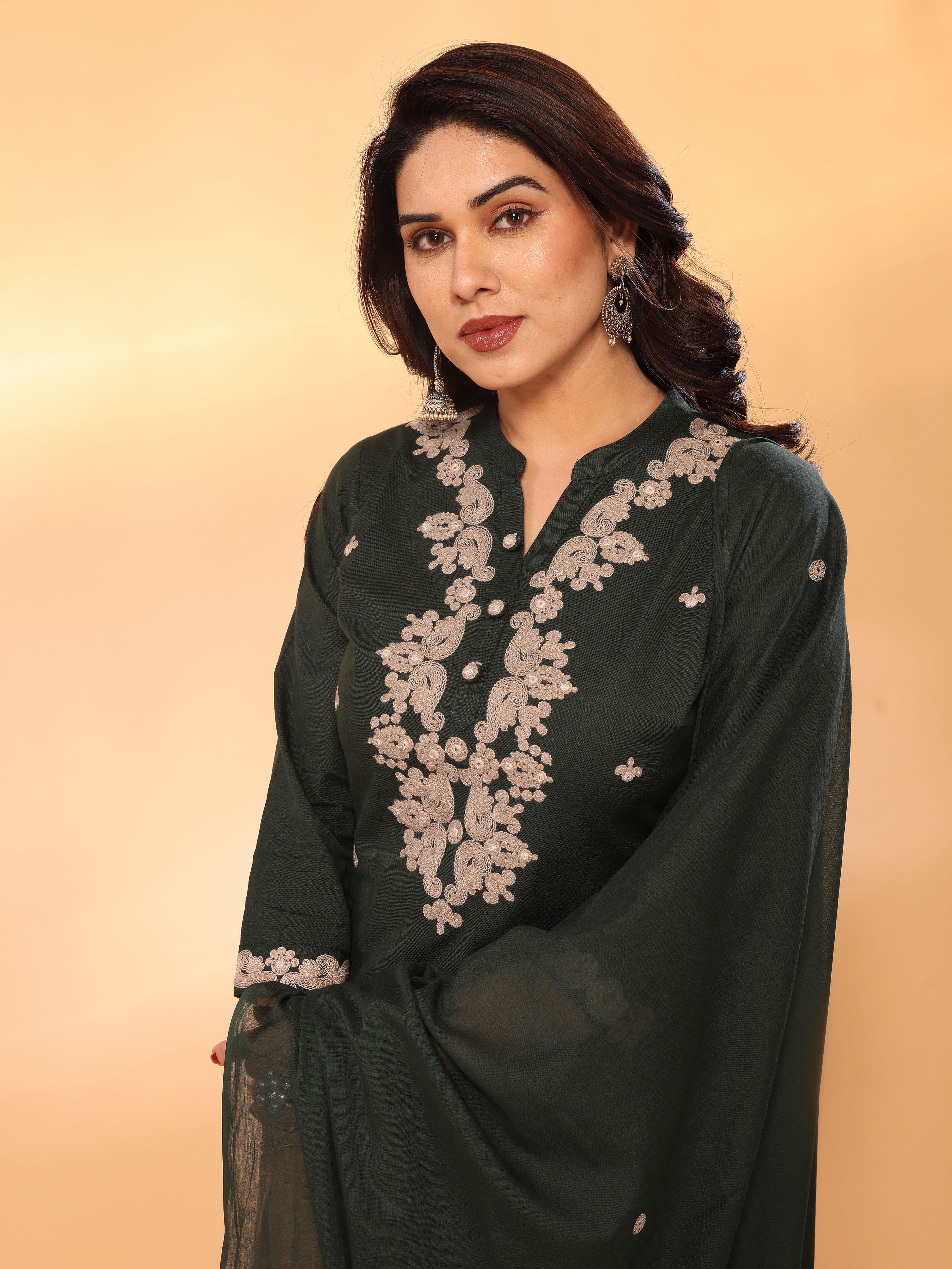 Dark Green Embroidered Straight Kurta Pant & Dupatta Set