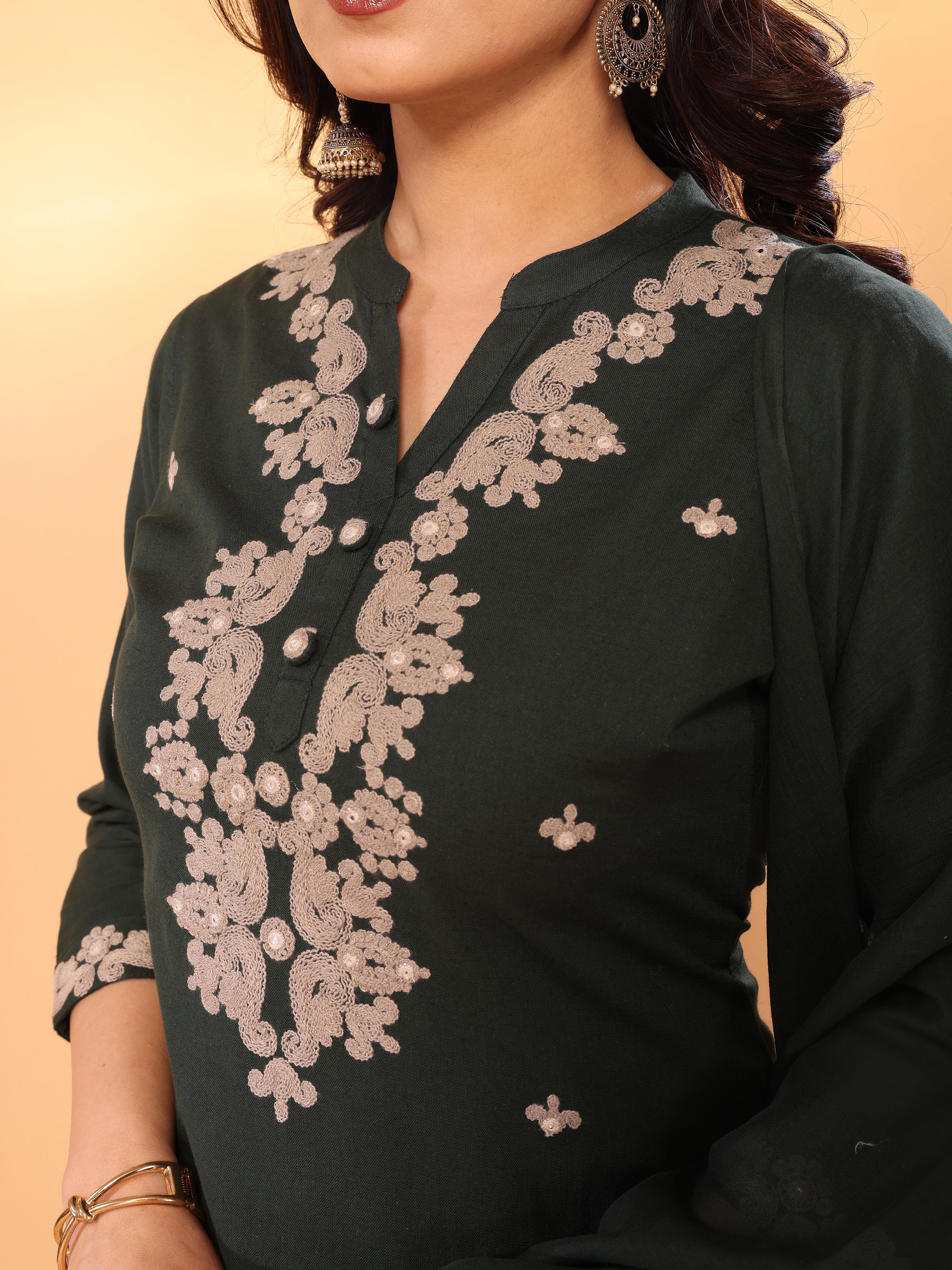 Dark Green Embroidered Straight Kurta Pant & Dupatta Set