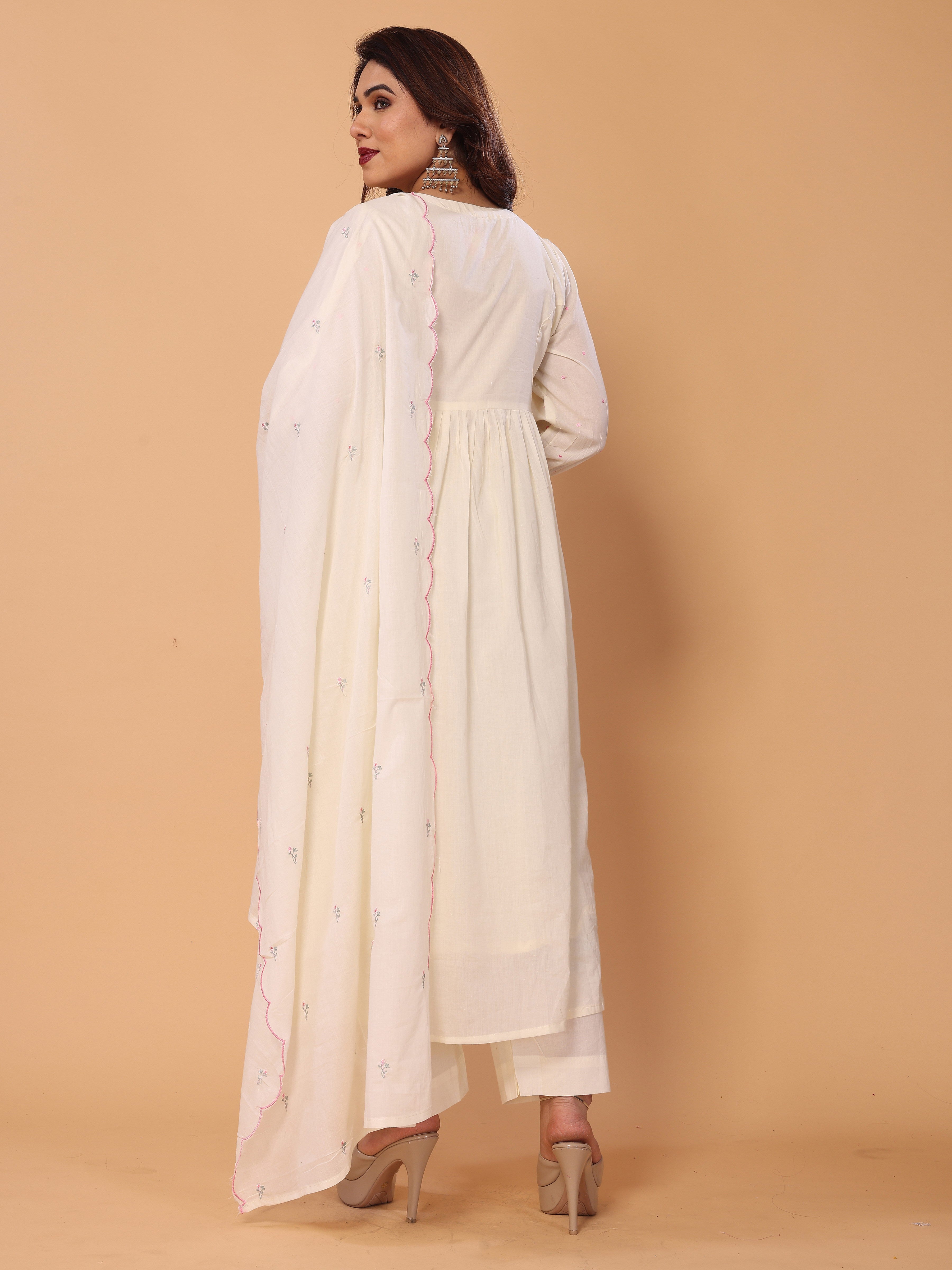Cream Mul Cotton Embroidered Flared Kurta with Pant and Dupatta