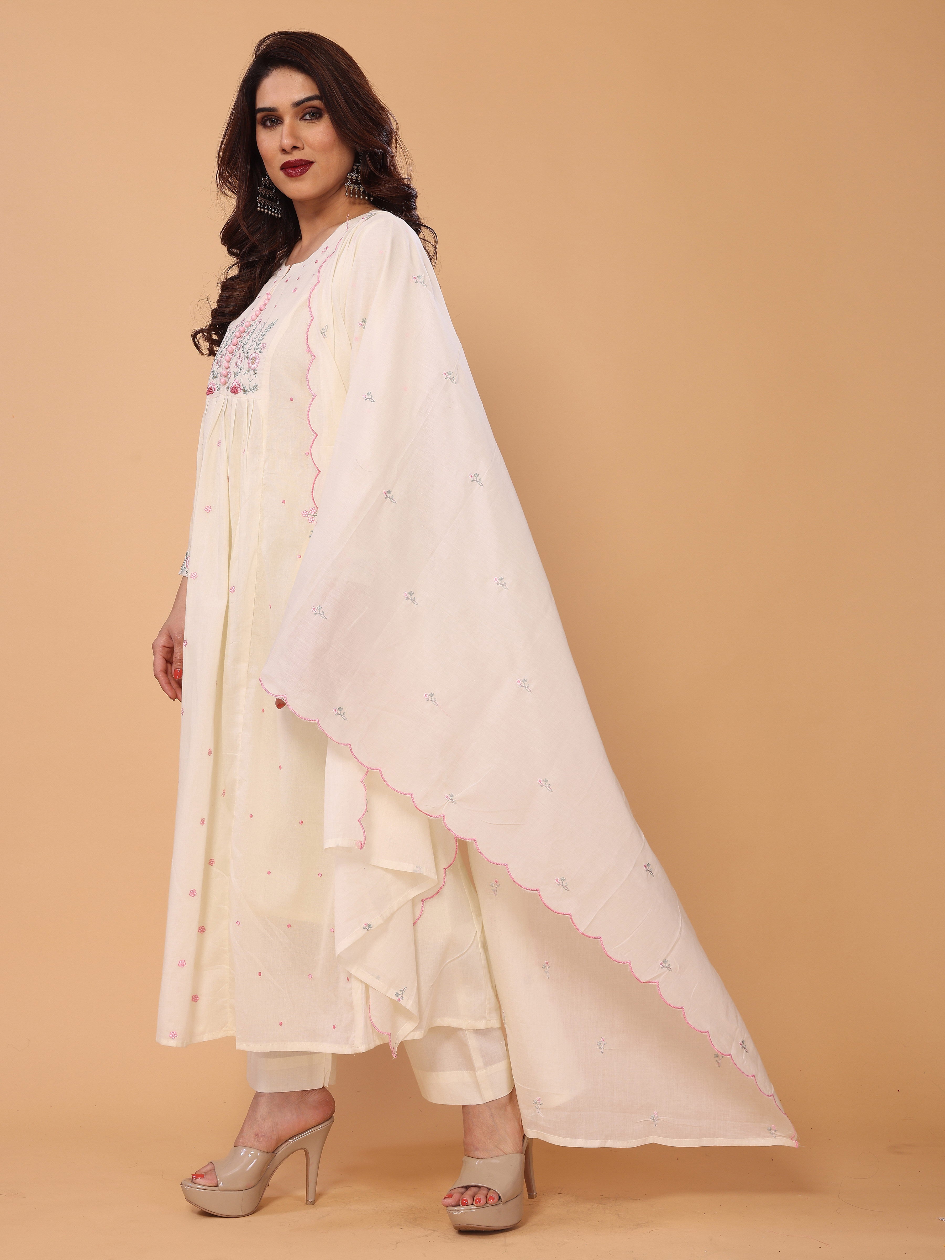 Cream Mul Cotton Embroidered Flared Kurta with Pant and Dupatta