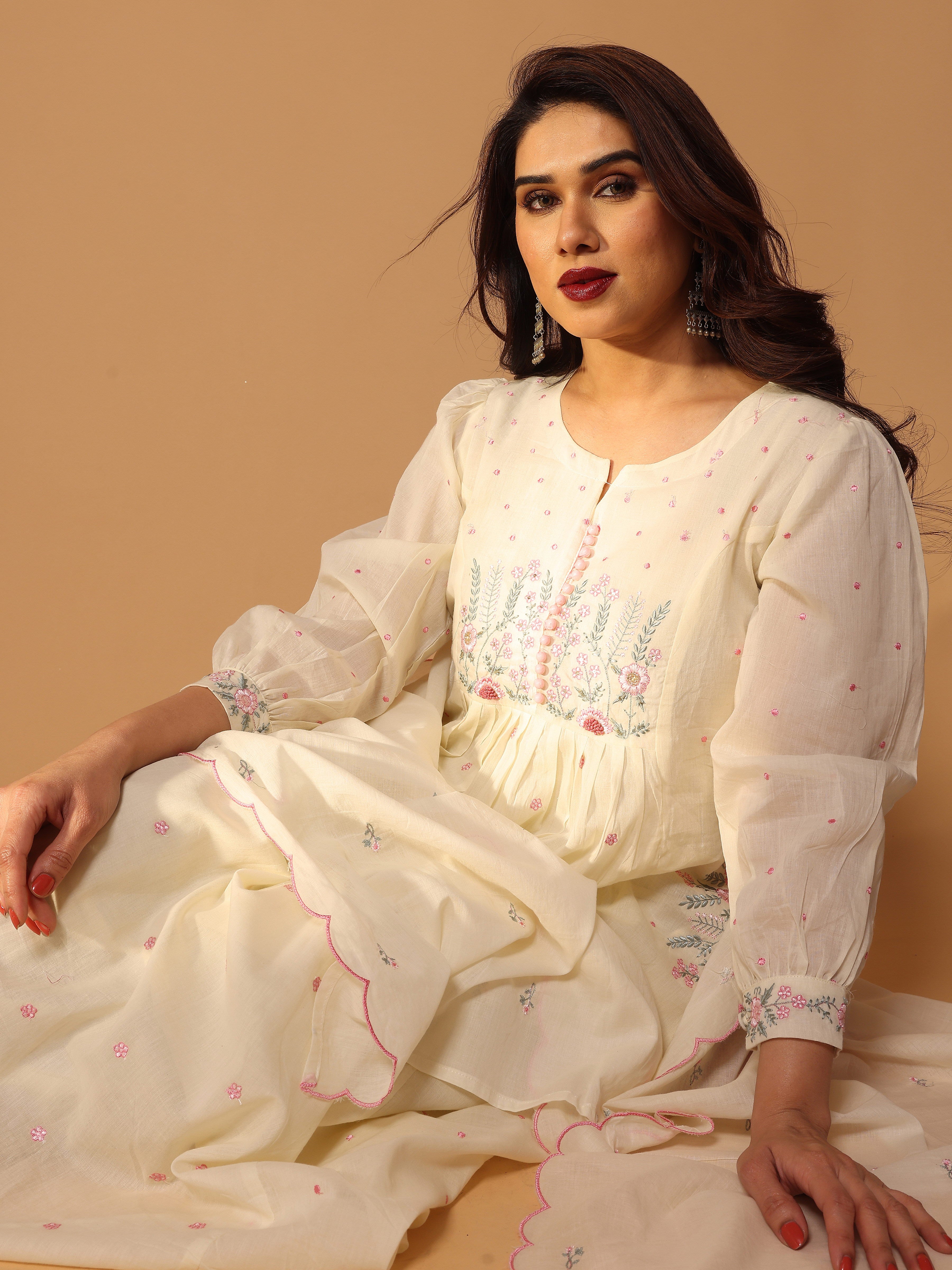 Cream Mul Cotton Embroidered Flared Kurta with Pant and Dupatta