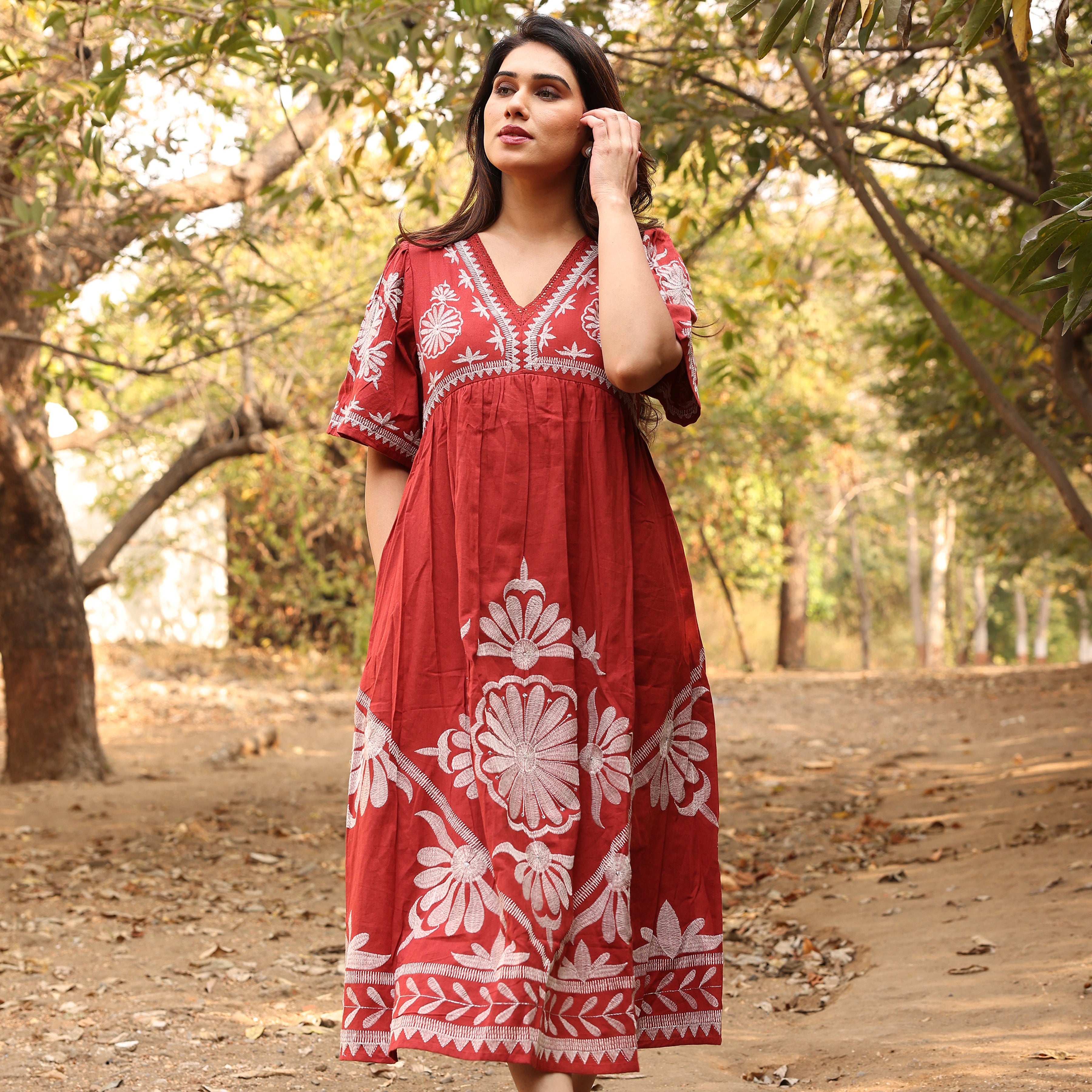 Rust Orange Floral Thread Work Embroidery Gown One Piece Dress