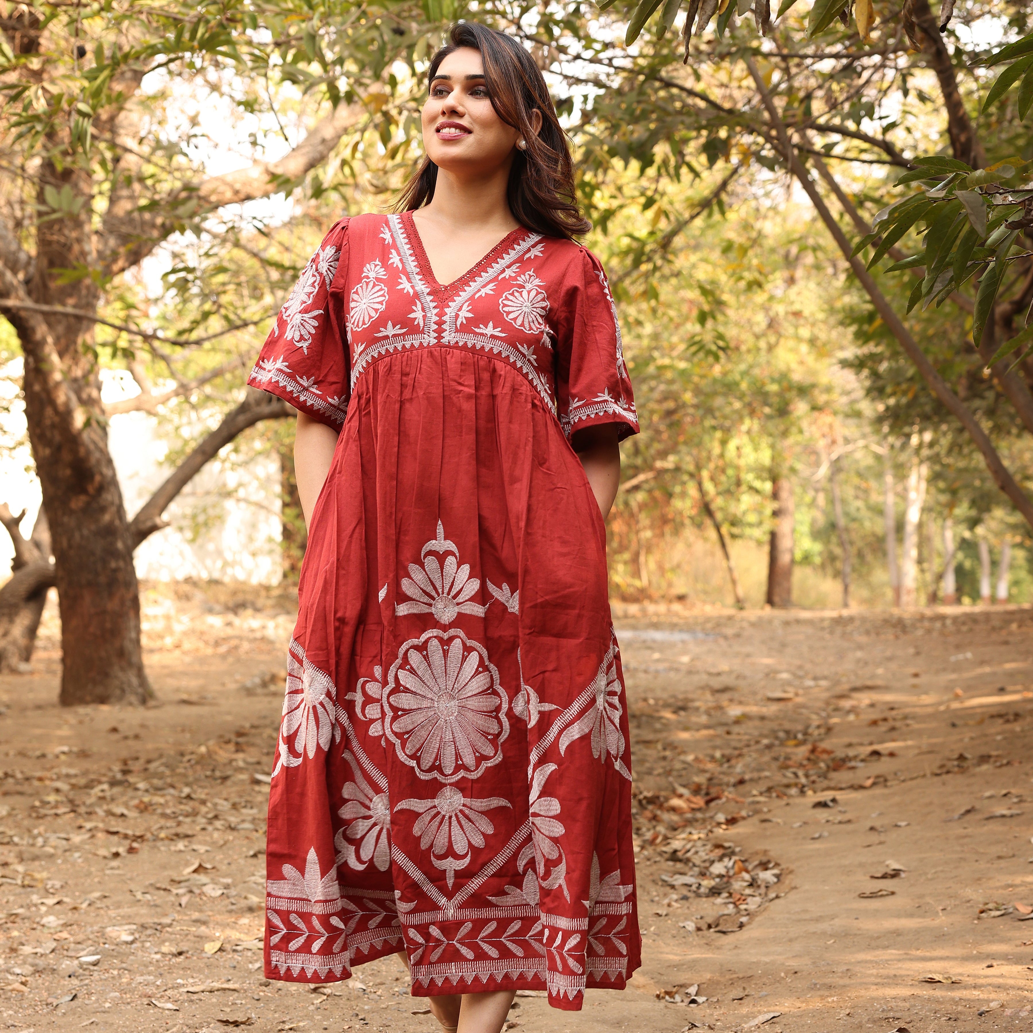 Rust Orange Floral Thread Work Embroidery Gown One Piece Dress