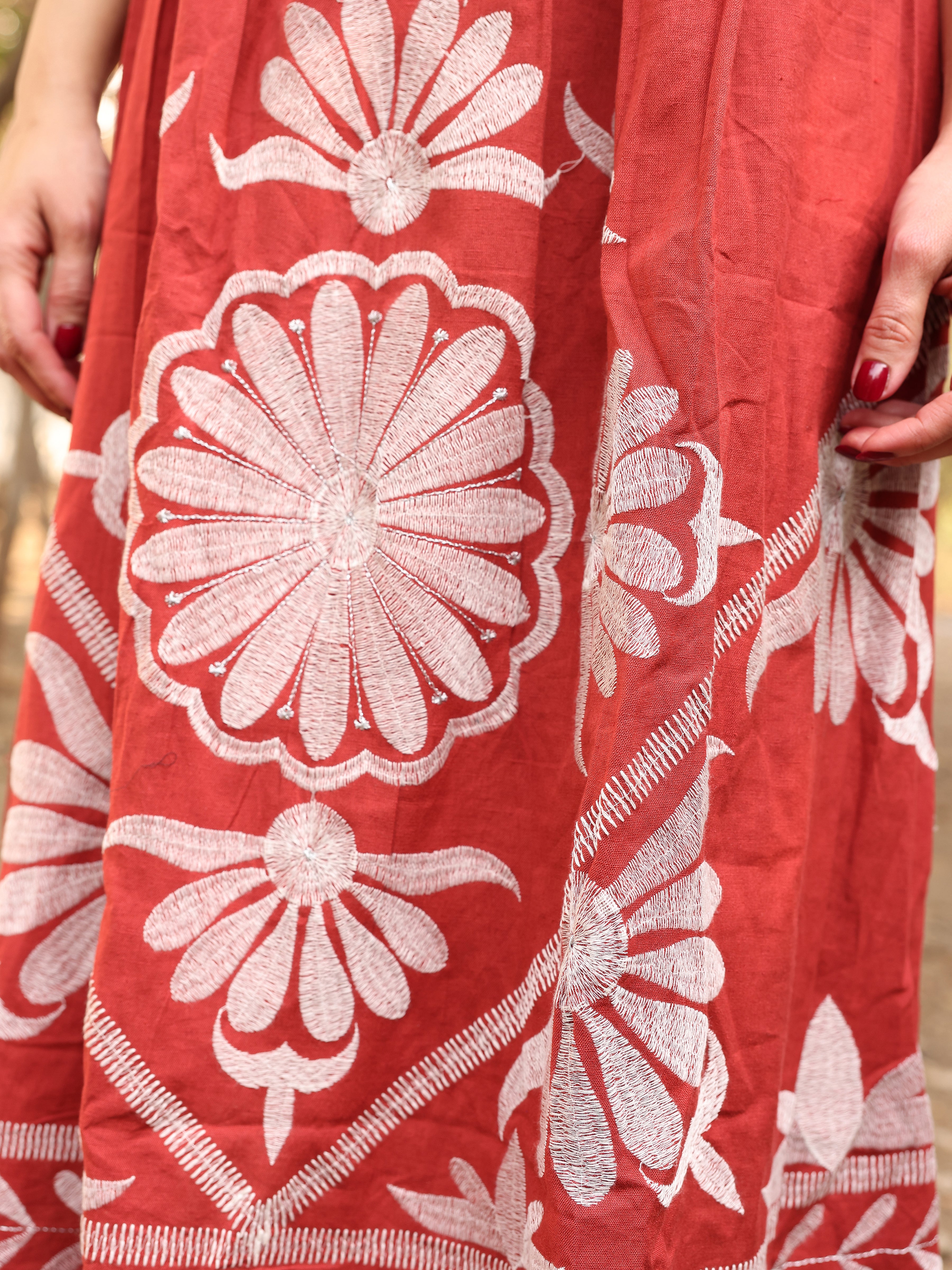 Rust Orange Floral Thread Work Embroidery Gown One Piece Dress