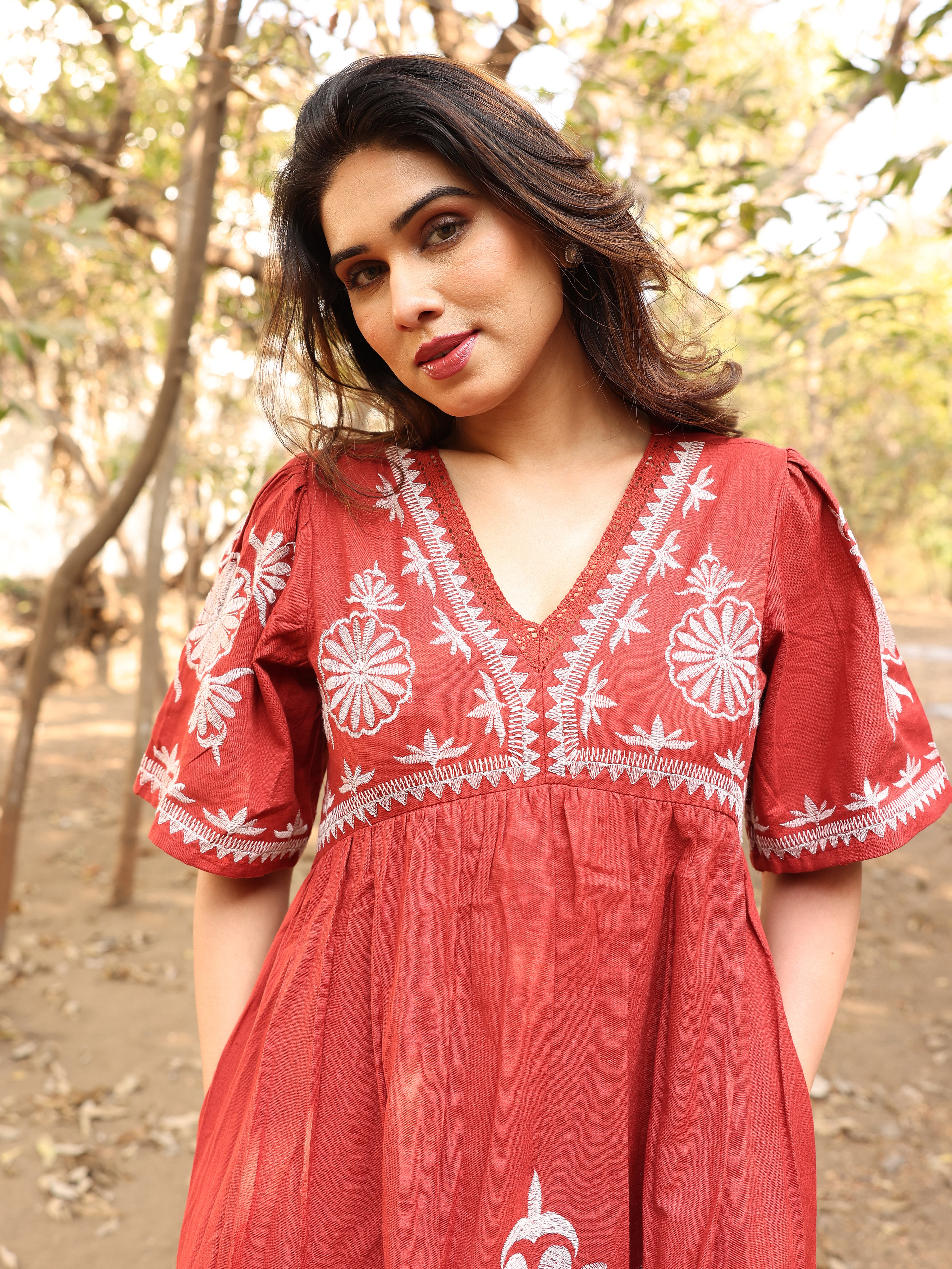 Rust Orange Floral Thread Work Embroidery Gown One Piece Dress