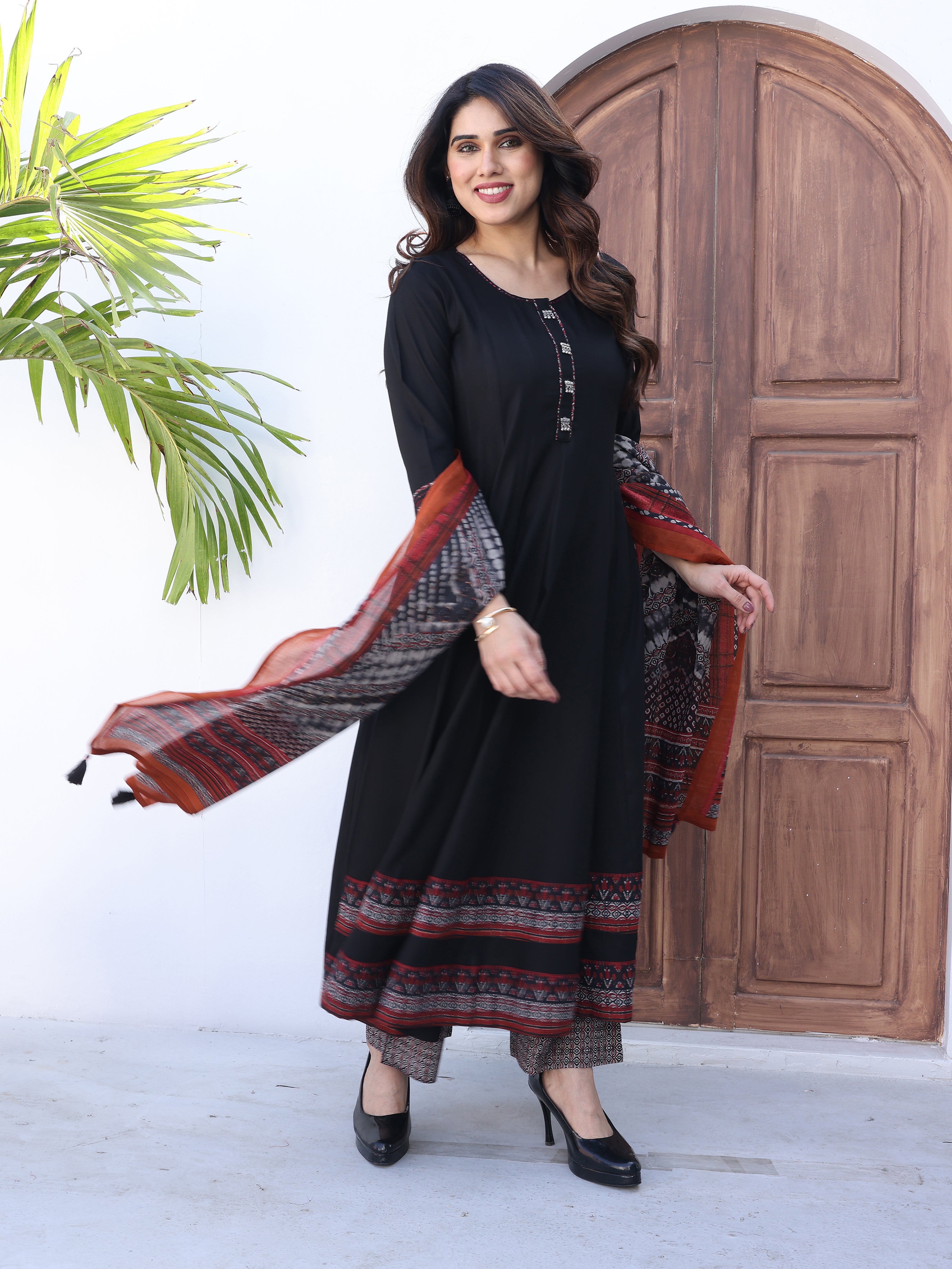 Black Flared Kurta Palazzo Set with Artistic Ajrakh Print Dupatta