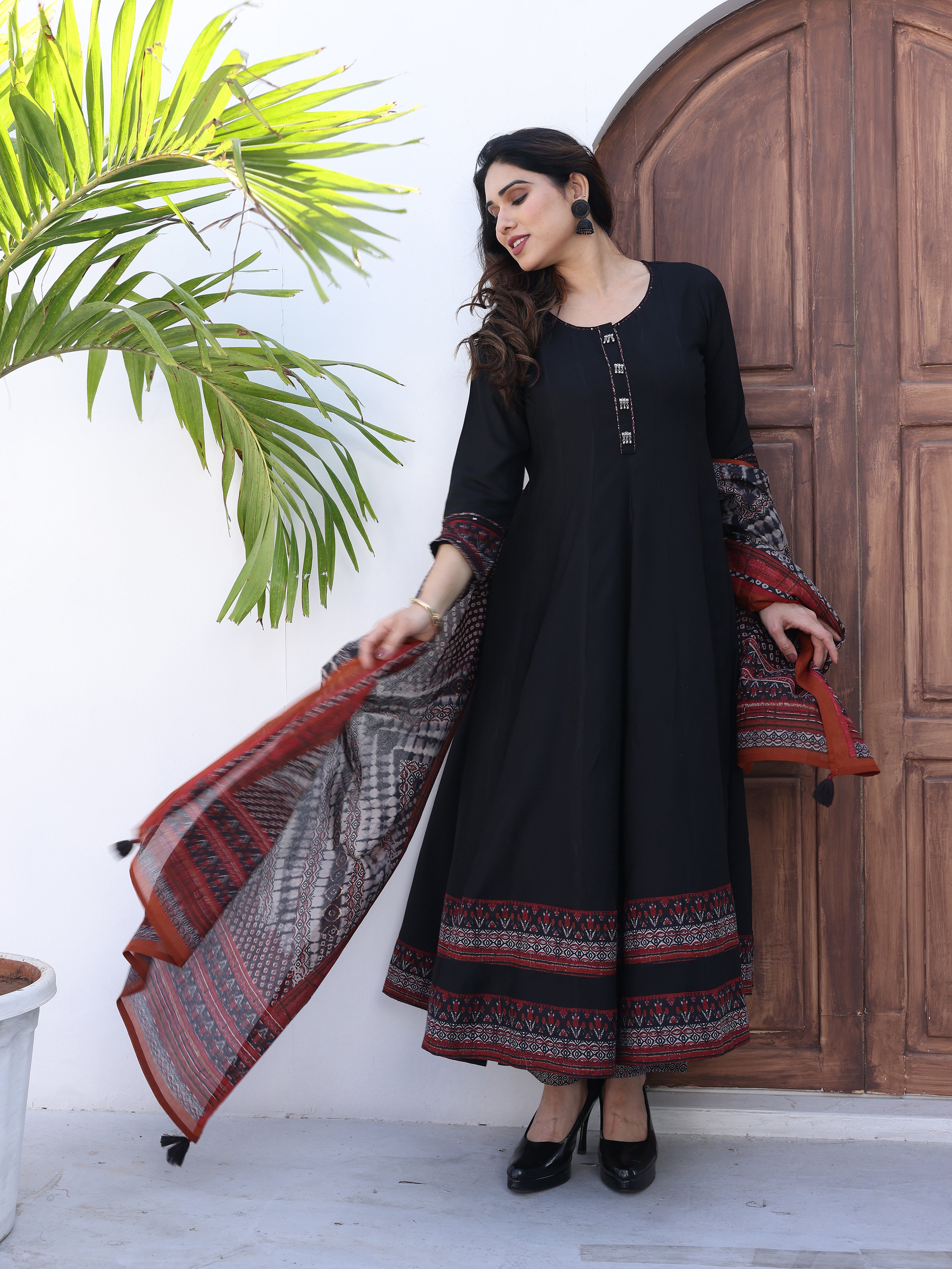 Black Flared Kurta Palazzo Set with Artistic Ajrakh Print Dupatta