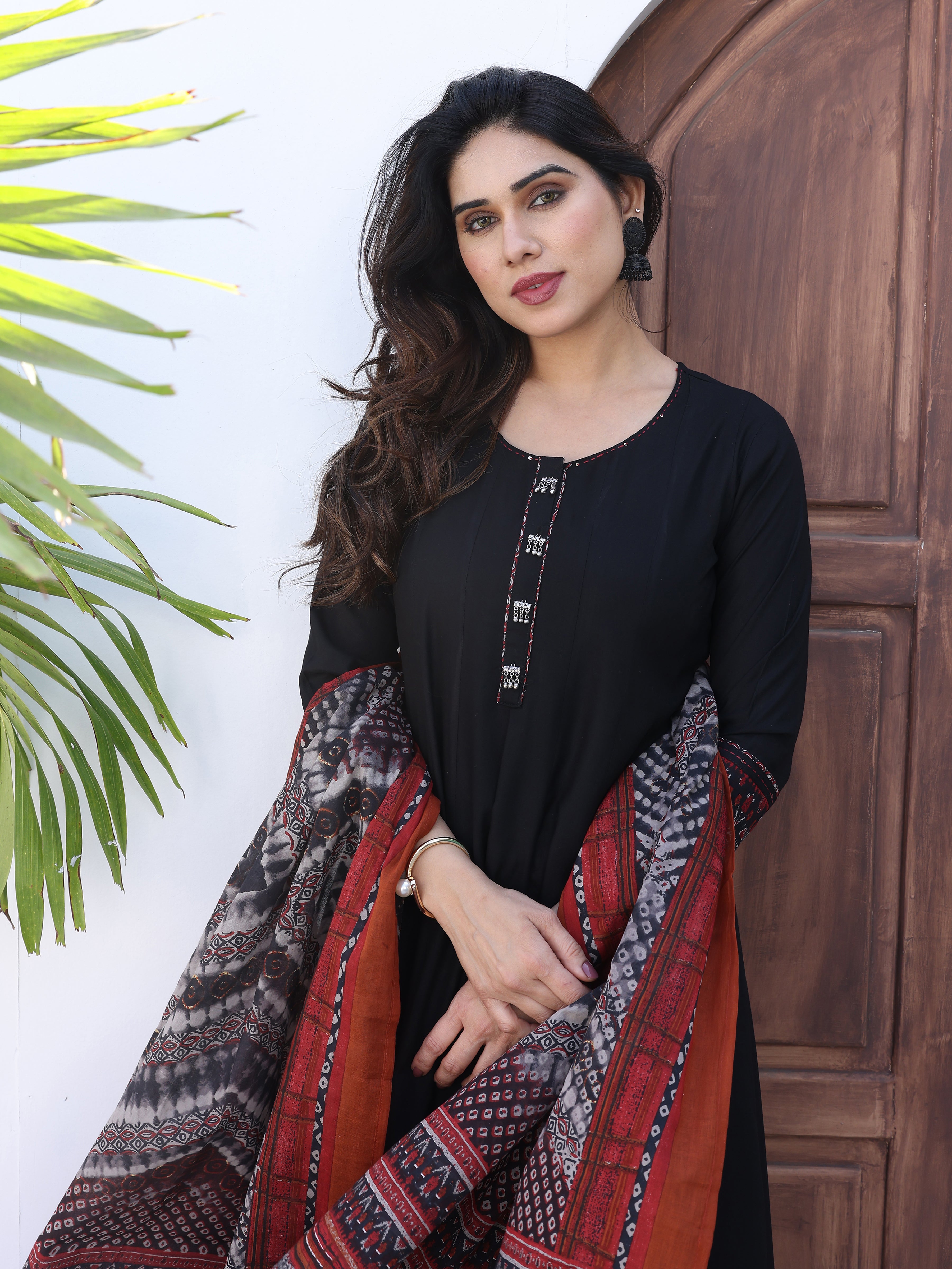 Black Flared Kurta Palazzo Set with Artistic Ajrakh Print Dupatta