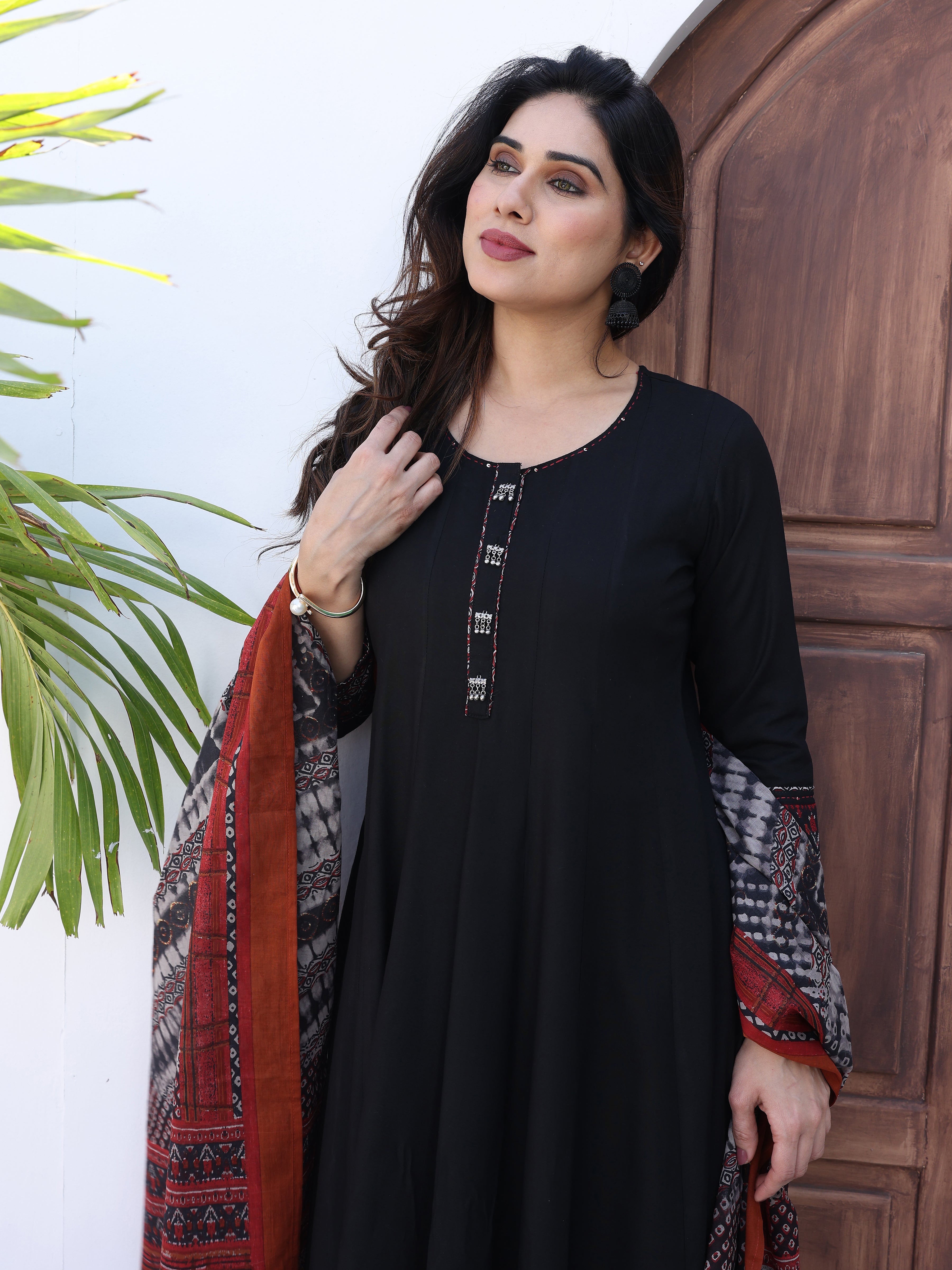 Black Flared Kurta Palazzo Set with Artistic Ajrakh Print Dupatta