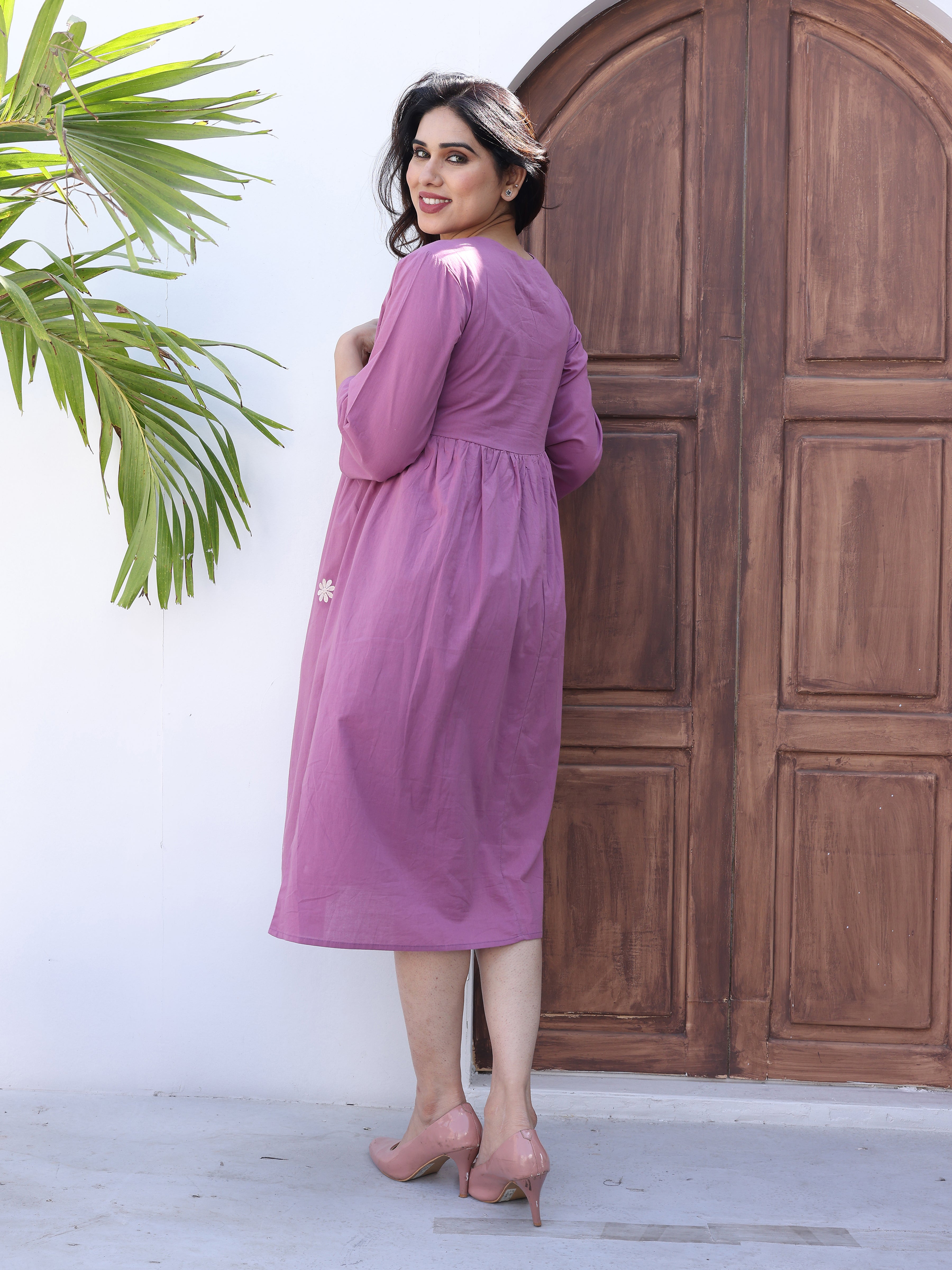 Purple Floral Embroidered Midi Dress