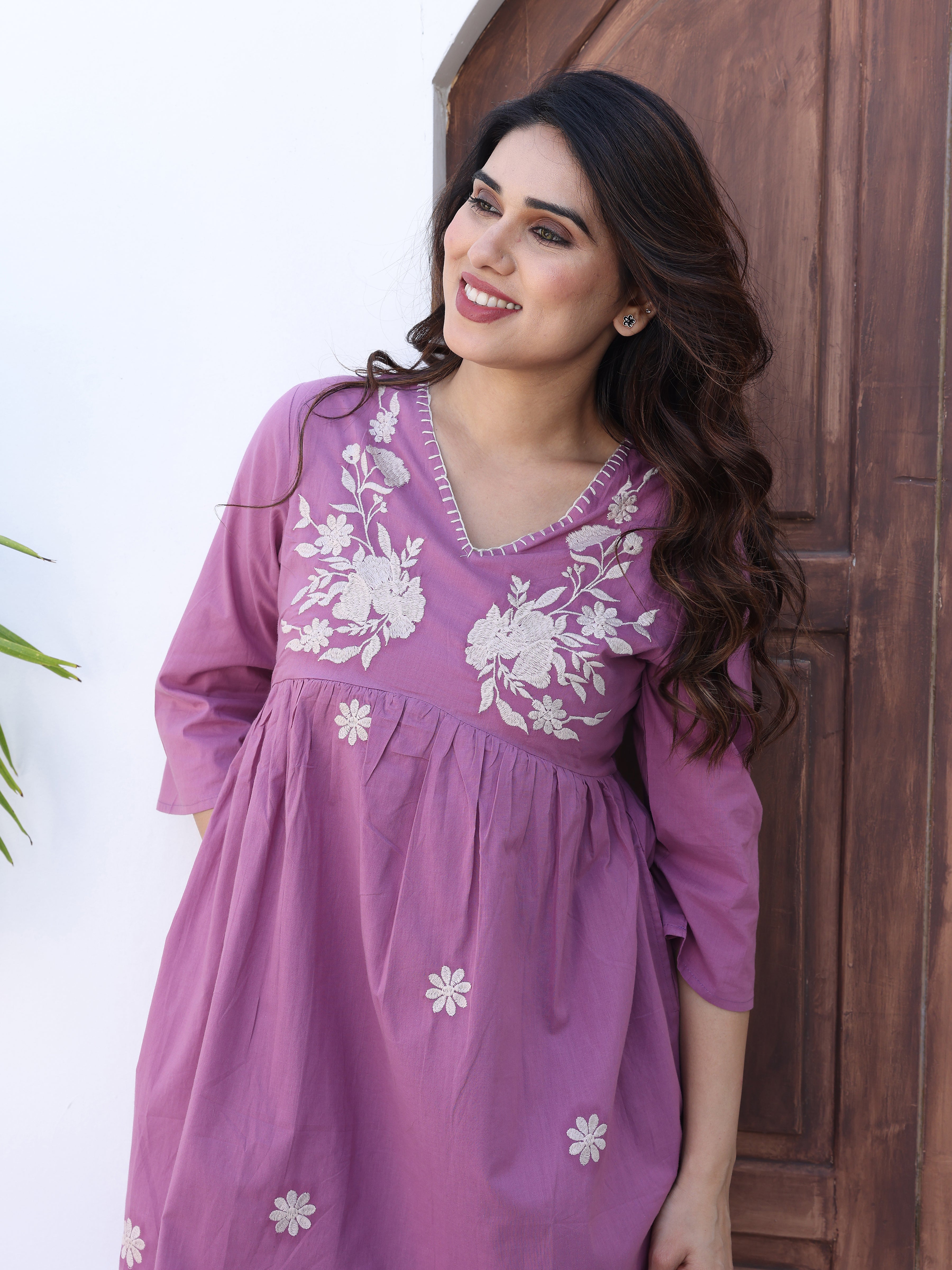 Purple Floral Embroidered Midi Dress