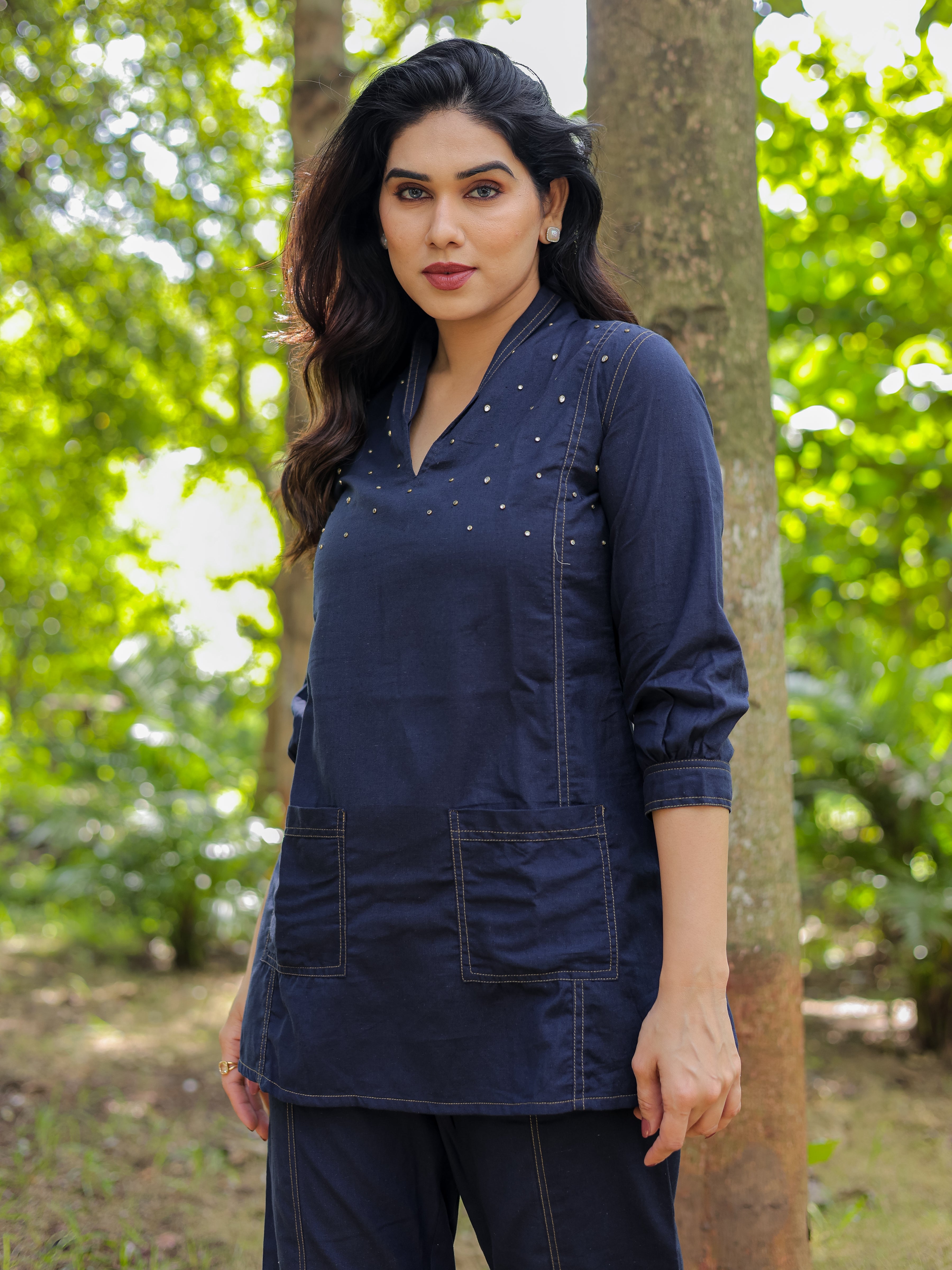 Navy Blue Solid Denim Pattern Cotton Co-ords Set