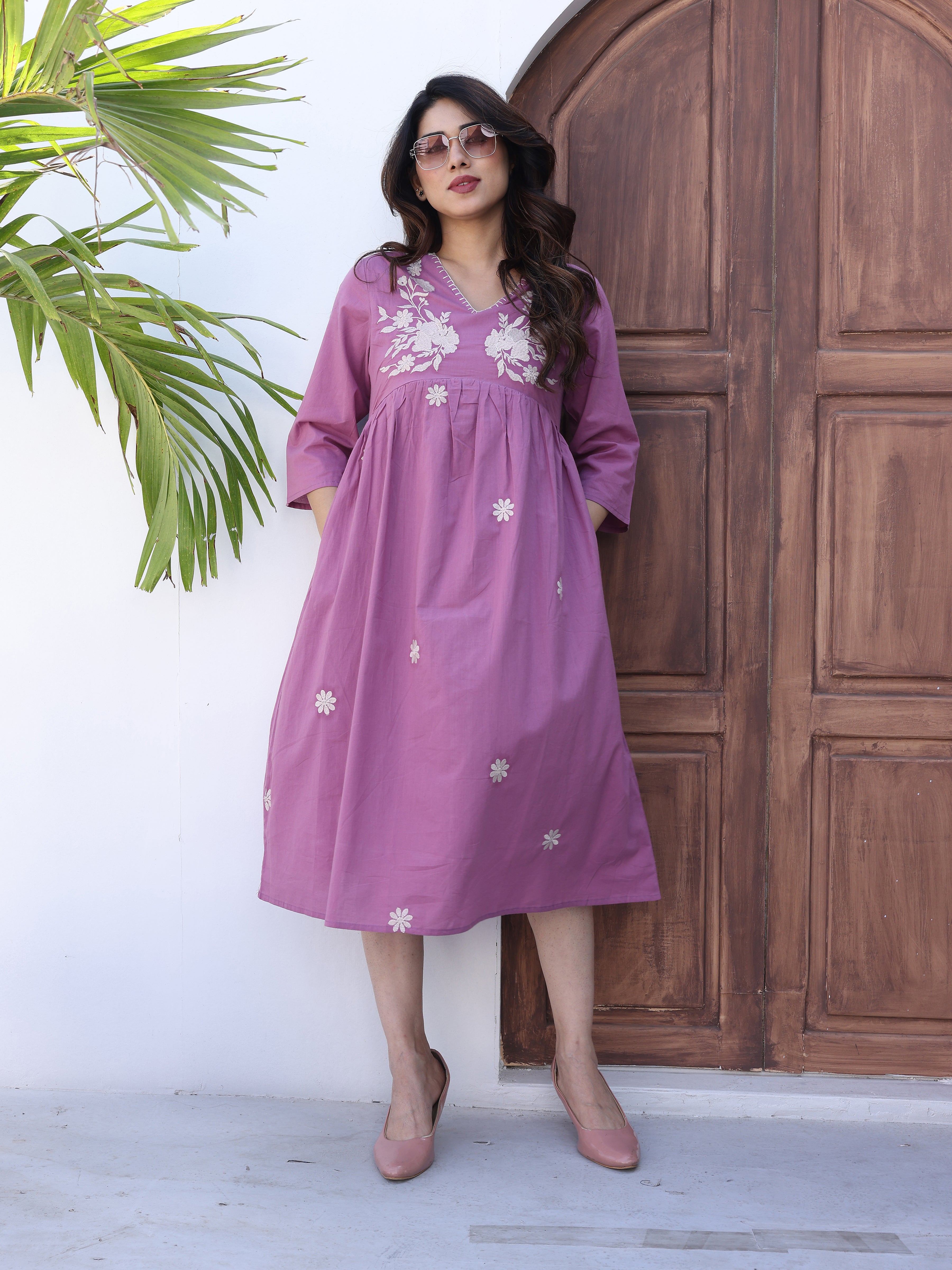 Purple Floral Embroidered Midi Dress