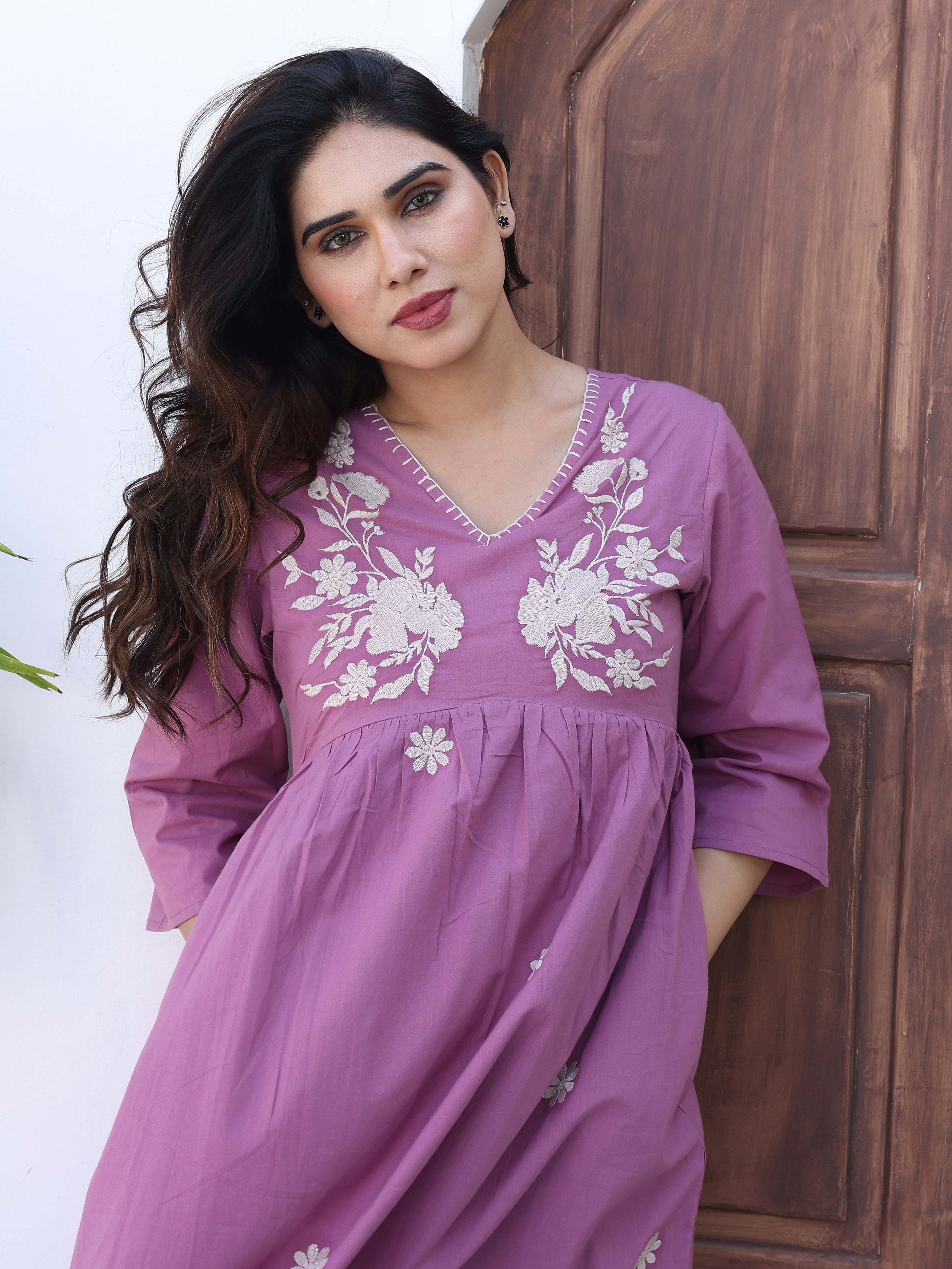 Purple Floral Embroidered Midi Dress